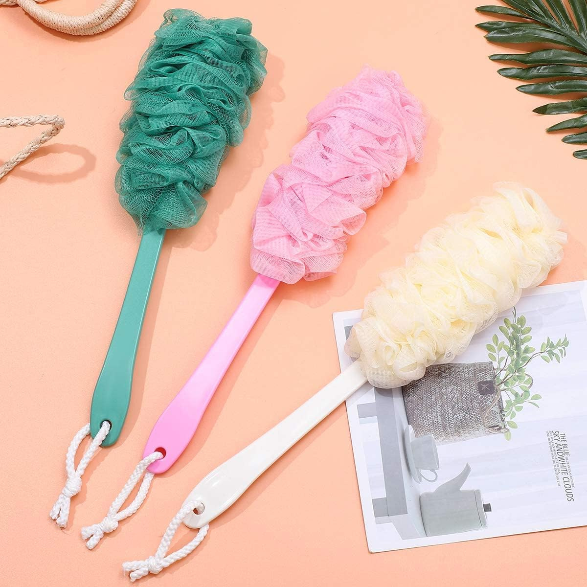 3 Pcs Shower Ball Mesh Pouf, Back Scrubber Loofah with Long Handle Bath Brush Soft Body Sponge for Adults Teens Kids image number 1