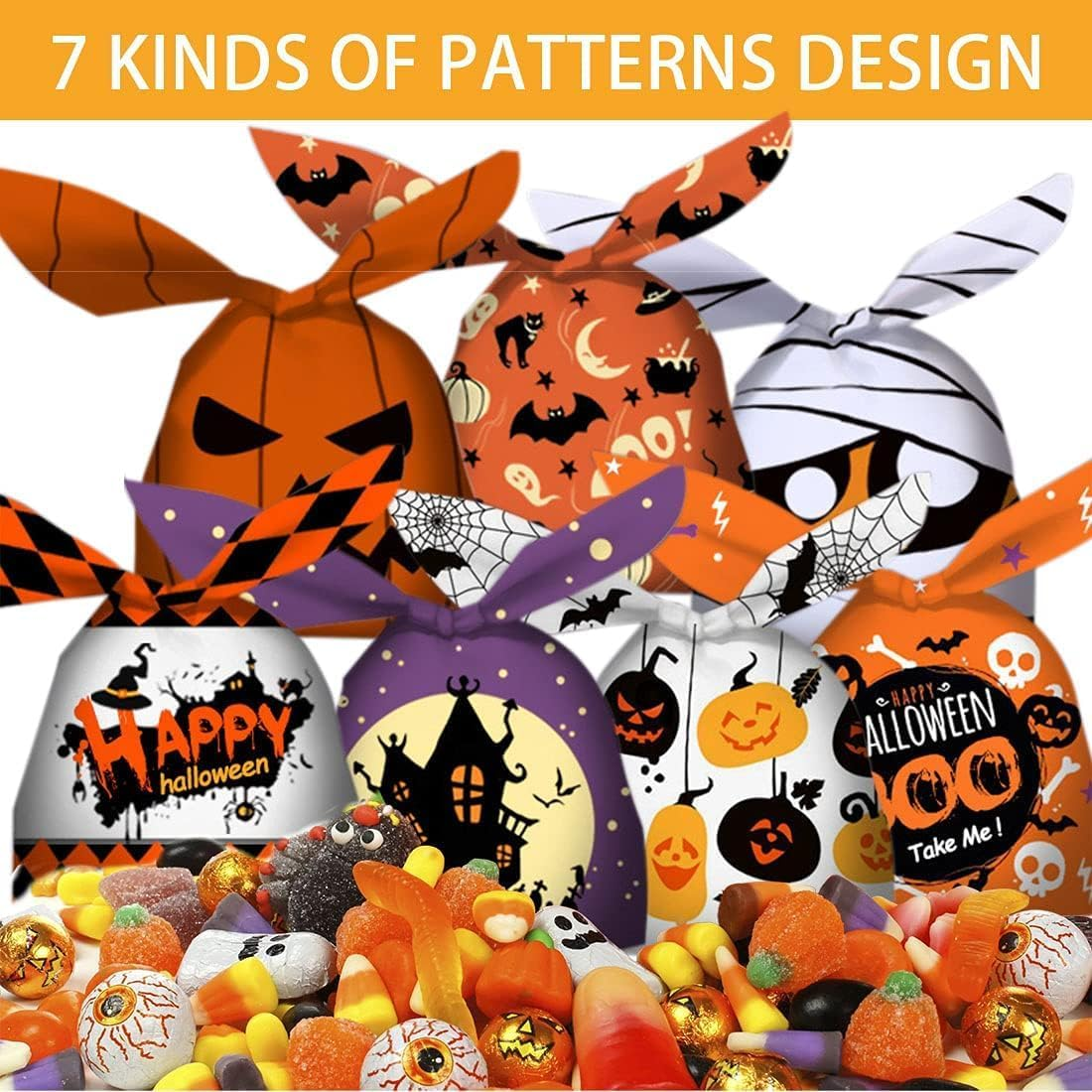 100PCS Halloween Candy Bags, Kids Trick or Treat Bags Goodie Bags, Cute Rabbit Ear Bags Small Halloween Cookies Plastic Gifts Bag for Halloweens Party Supplies image number 2