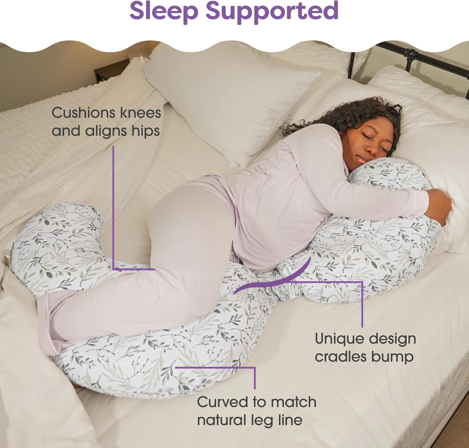 Boppy Slipcovered Total Body Pregnancy Pillow, Gray Scattered Leaves image number 5