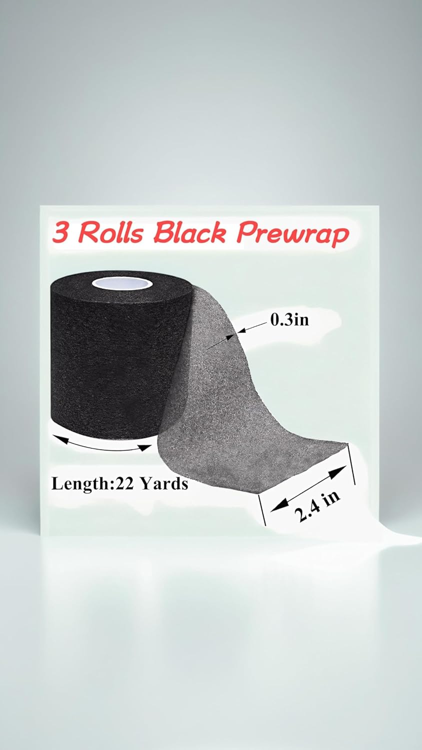 Honwor Sports Wrap Bundle: Black Prewrap Tape for Athletic Use, Hair Headbands, Foam Underwrap - 3 Rolls Set. Stay Comfortable and Prepared for Action!