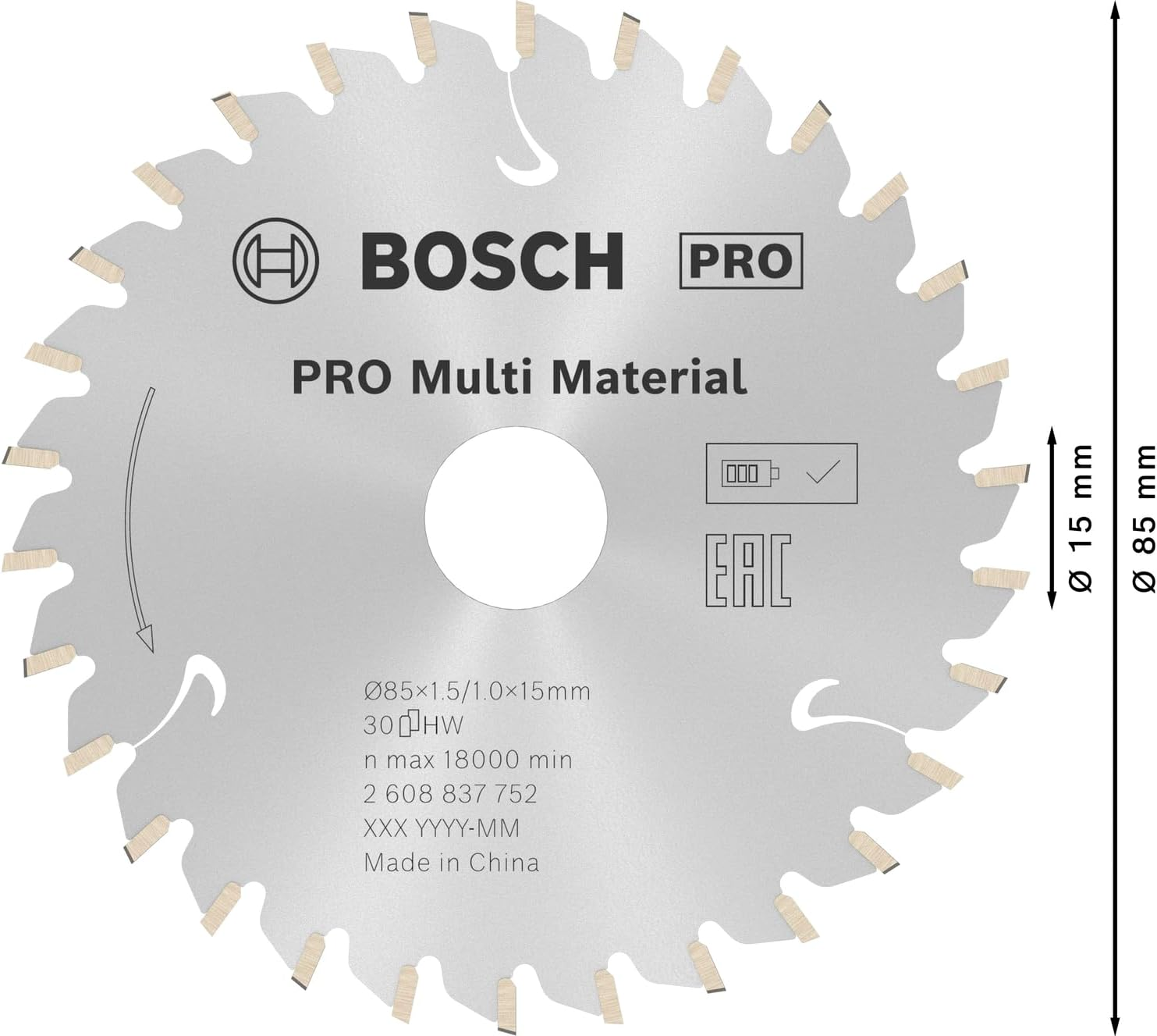 Bosch Professional Standard Circular Saw Blade for Multi Material (85 X 15 X 1.5 Mm, 30 Teeth, Accessories: Cordless Circular Saw) image number 1