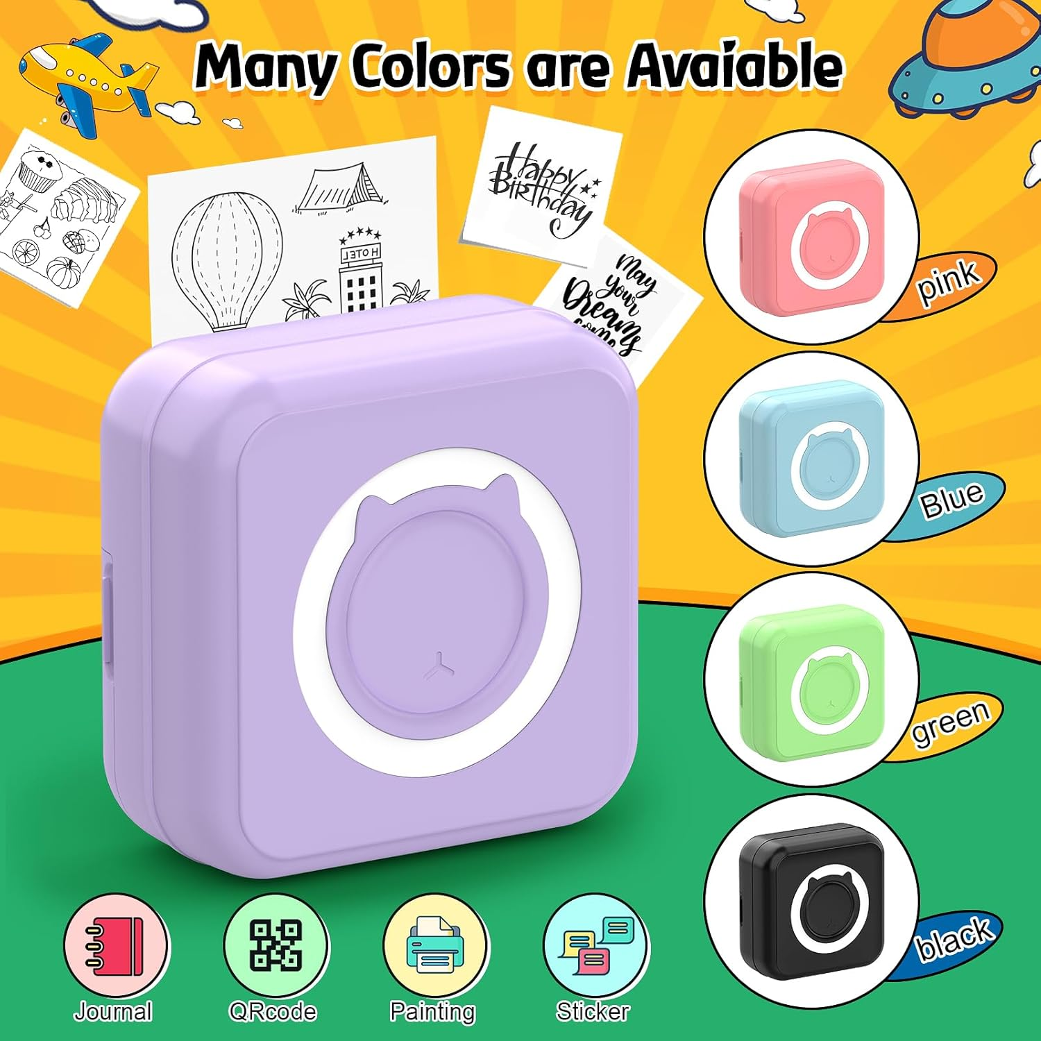 QYCHHJ Mini Sticker Printer for Iphone/Android/Tablet, Bluetooth Mini Pocket Printer Portable with 8 Rolls Thermal Paper, Inkless Thermal Printer for Study Notes Journal Memo Photo Picture, Purple image number 1