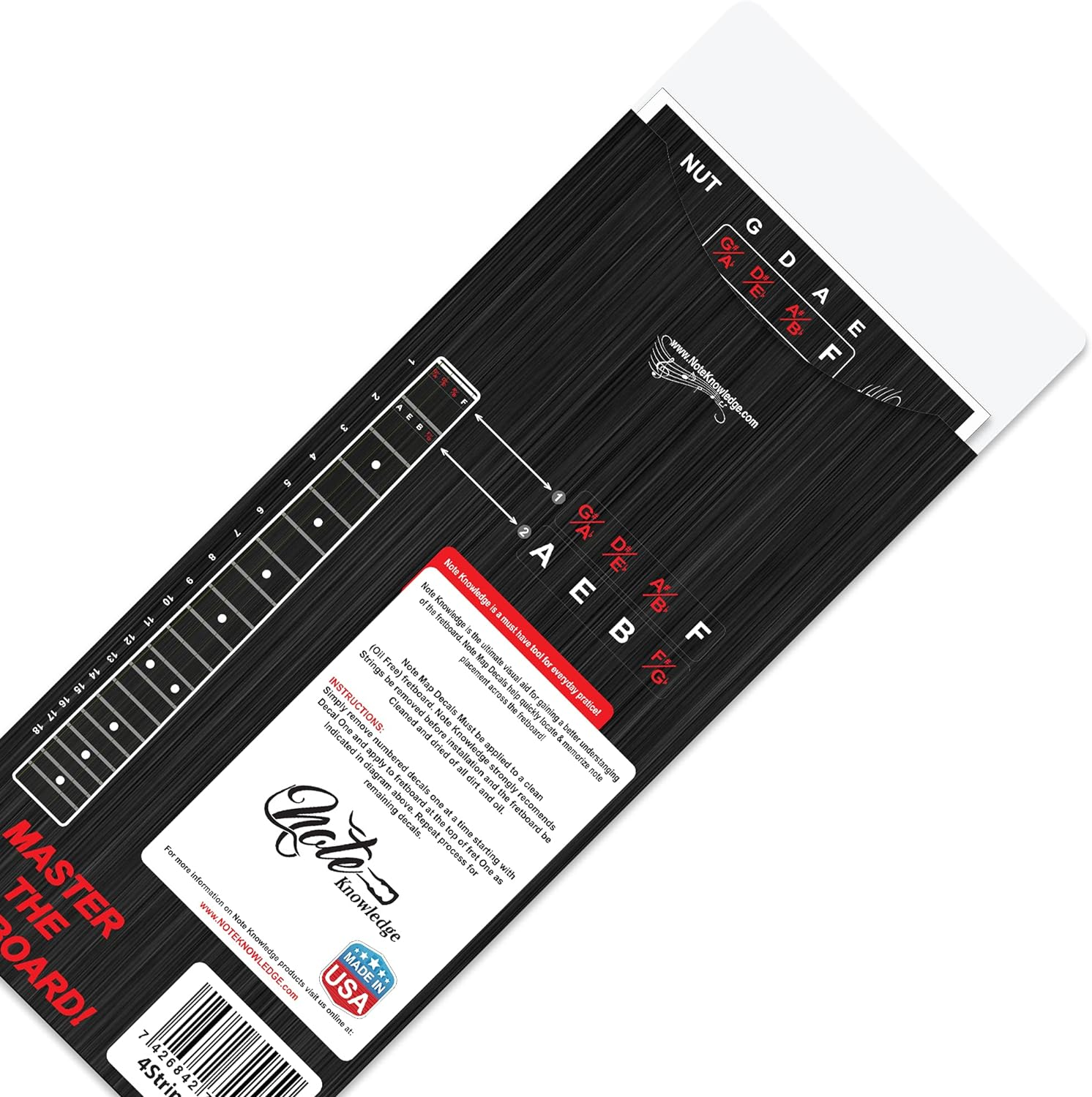 "Left-Handed" Bass Guitar Fretboard Note Map Decals/Stickers