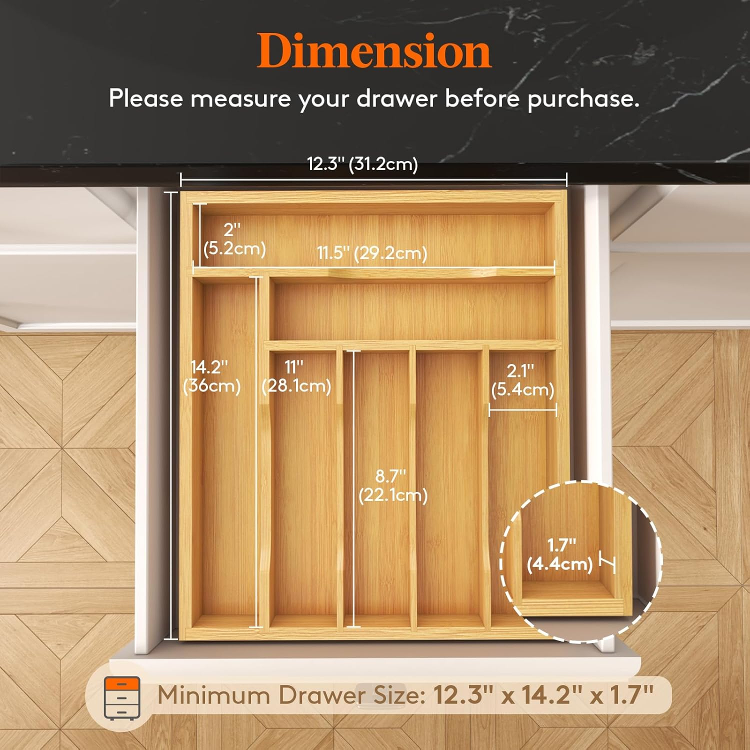 Lifewit Silverware Drawer Organizer Tray, Bamboo Cutlery Storage for Kitchen Drawer, 5 Compartment Flatware and Utensil Holder Divider for Spoons Forks Knives Tableware, Natural image number 3