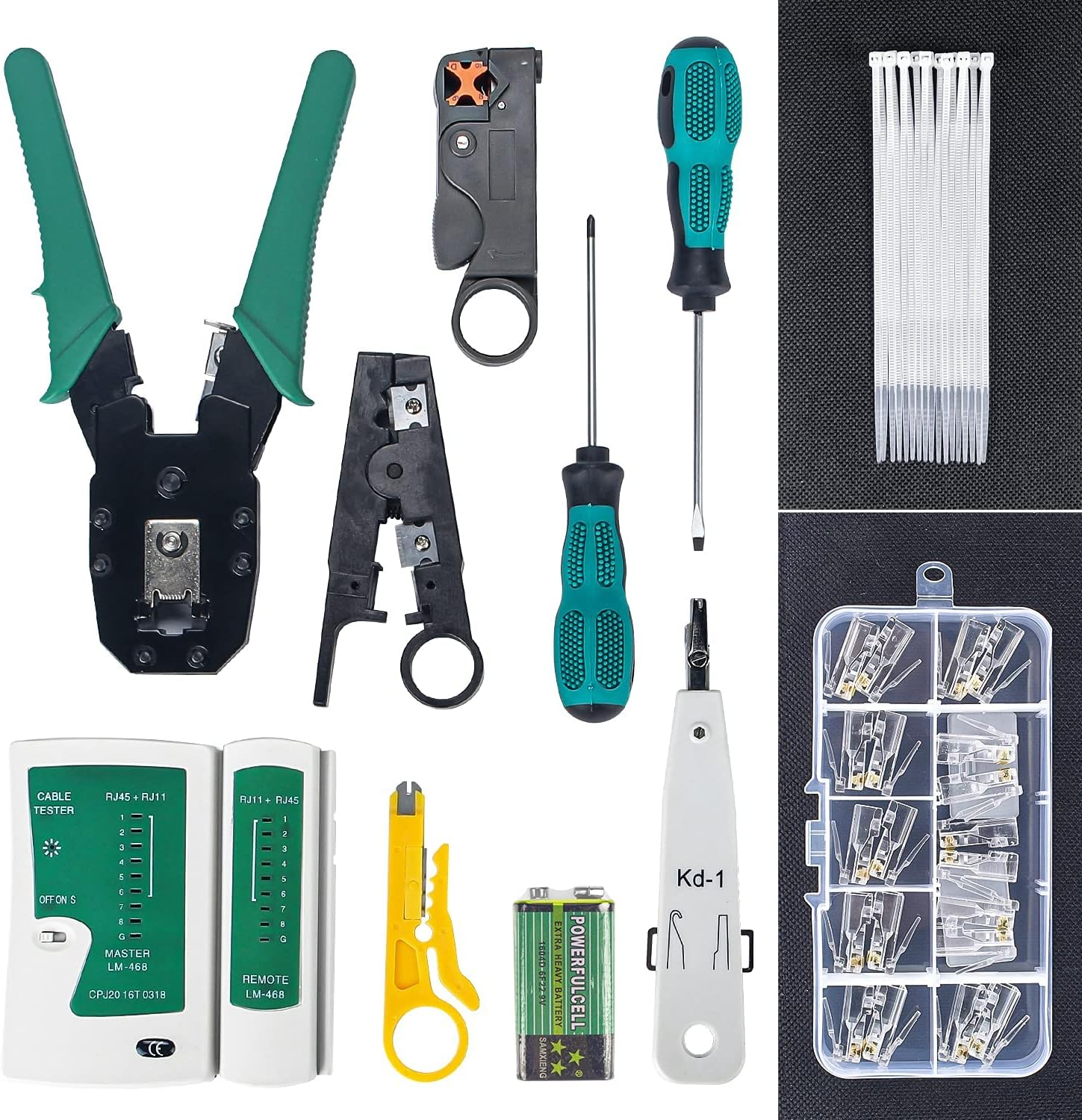 RJ45 Crimping Tool Kit,12-In-1 Professional Repair Kit,Network Repair Tool Set with Wire Stripper,Crimping Pliers,Rj45 Connectors,Ethernet Tester image number 1