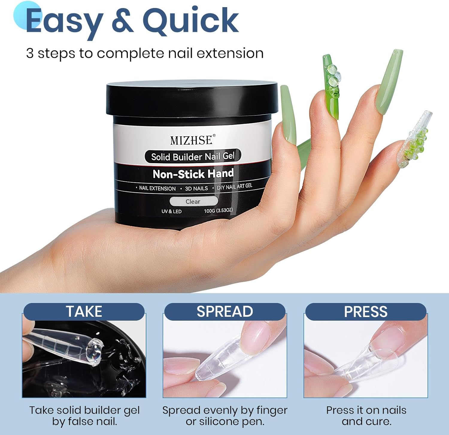 MIZHSE 100G Solid Builder Gel for Nails, Large Capacity Clear 3D Sculpting Gel for Nails, Non-Sticky Hand Building Carving Modeling Hard Nail Extension with Silicone 3D Mold Nail Art Salon image number 5