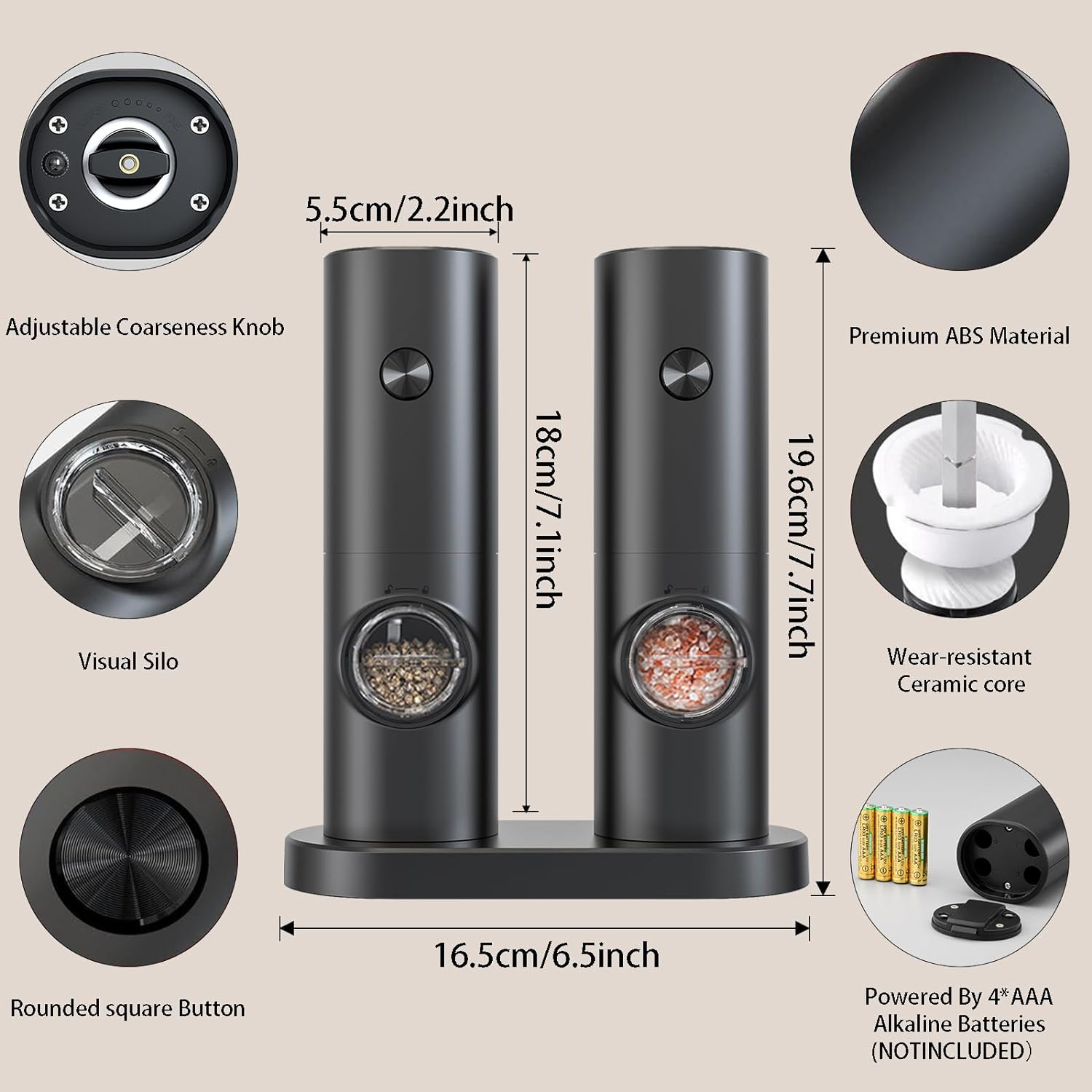 Zarek Set Two of Electric Salt and Pepper Grinder with Adjustable Coarseness and White LED Light for BBQ Restanrant Home Kitchen image number 3