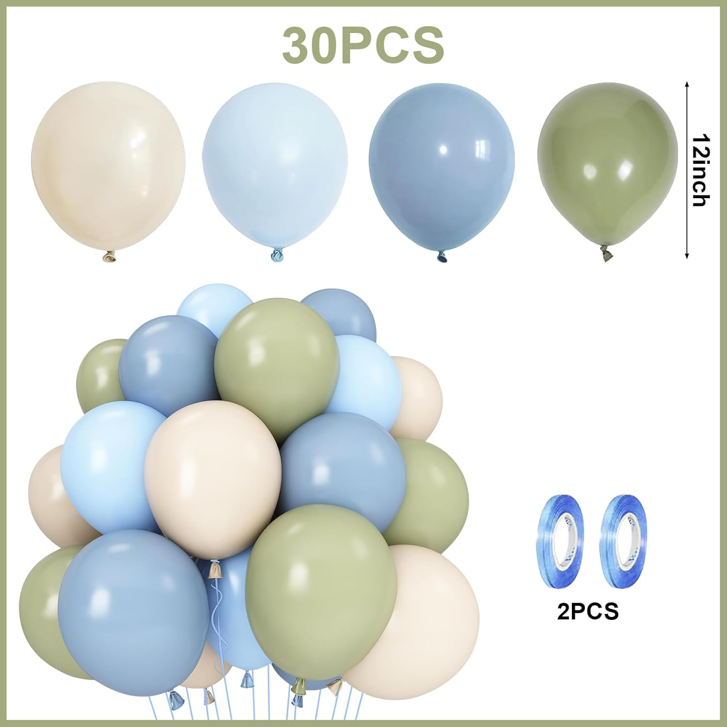 Homiliky Sage Green & Blue Balloons 30PCS - Latex Balloons for Baby Shower, Boho Wedding, Birthday Party Decor - Olive Green, Dusty Blue, Beige Cream Balloon Kit image number 3