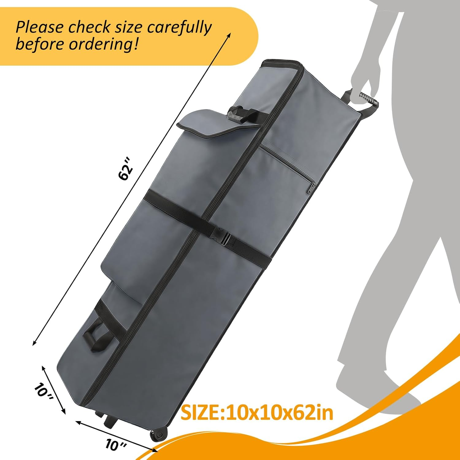 10 X 10 X 62In Canopy Roller Bag for Pop up Canopy Tent with Sturdy Handles and Pocket, Wheeled Storage Bag for 10 X 10 Canopy Tent, Tent Bag Replacement Part, 800D Waterproof Oxford Fabric image number 2