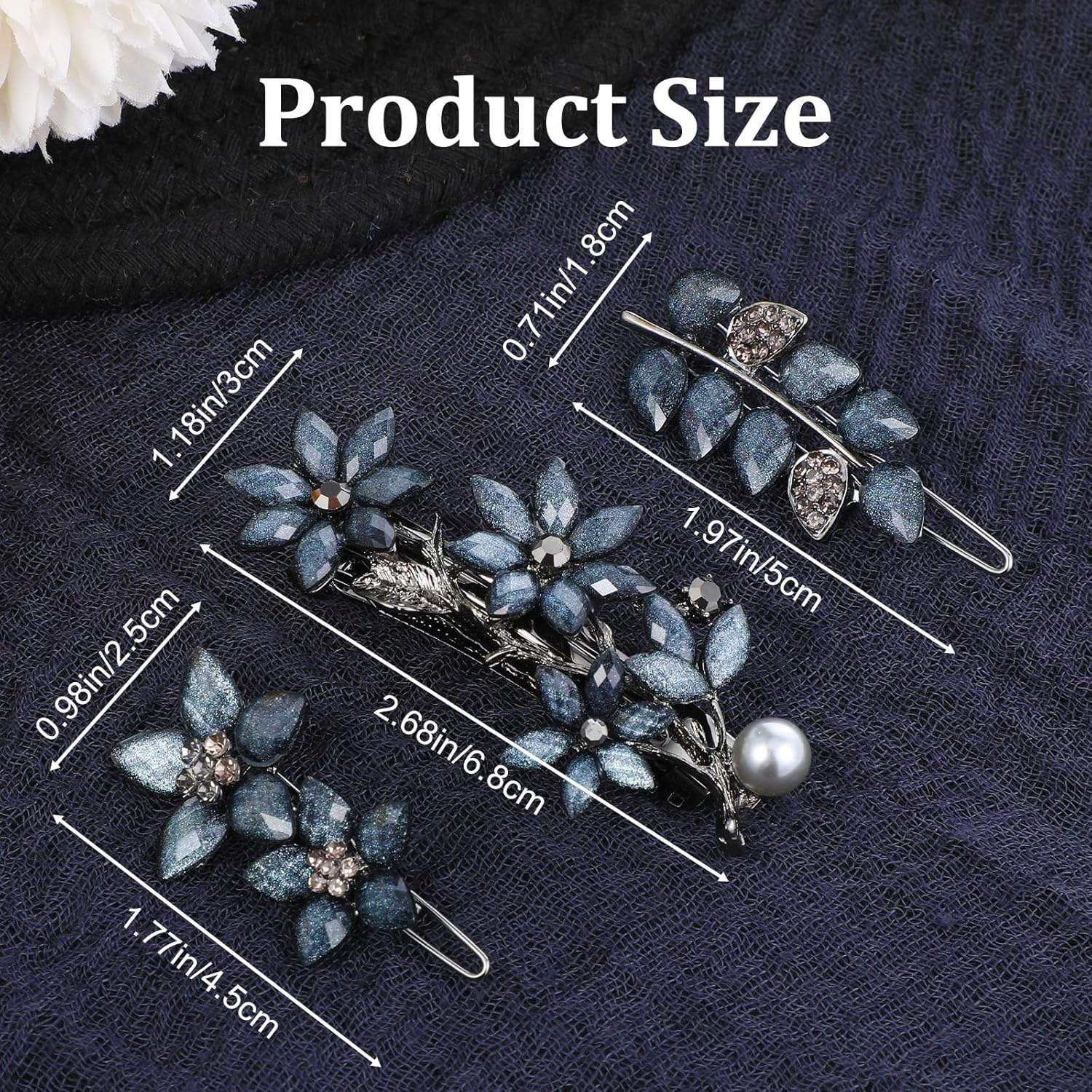 3 PCS Vintage Rhinestone Hair Clips, 2 Inch Ink-Blue Sparkly Crystal Flower Small Hair Barrettes Fancy Decorative Hairpin Wedding Hairs Accessories for Women Girls Bride Engagement Prom Valentines image number 5