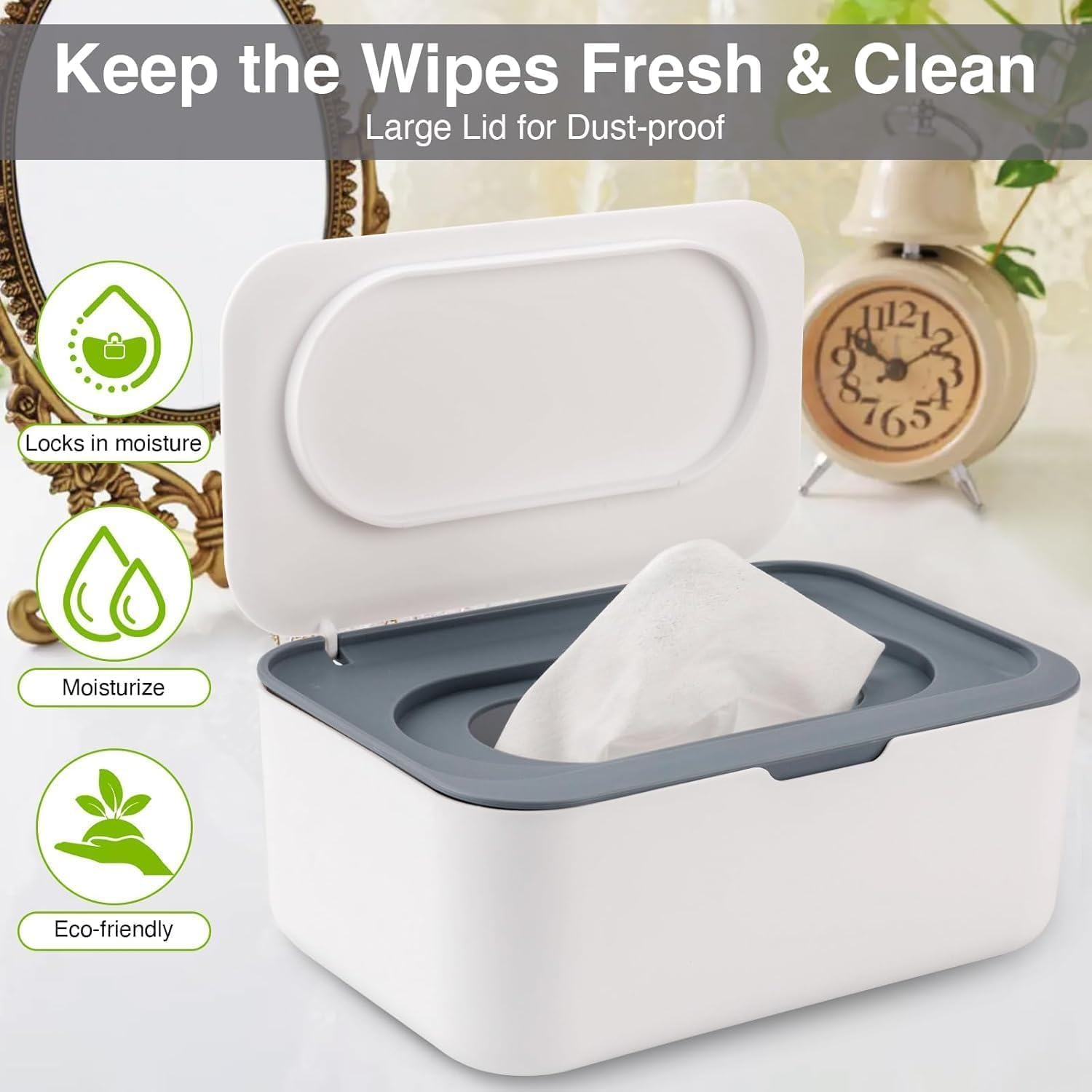 NVAZIOP Wipes Dispenser, Dustproof Wet Tissue Box Baby Wipe Holder Large Capacity Wipes/Tissue Case with Moisture Seal Secure Lid for Home, Office (1Pack Gray) image number 5