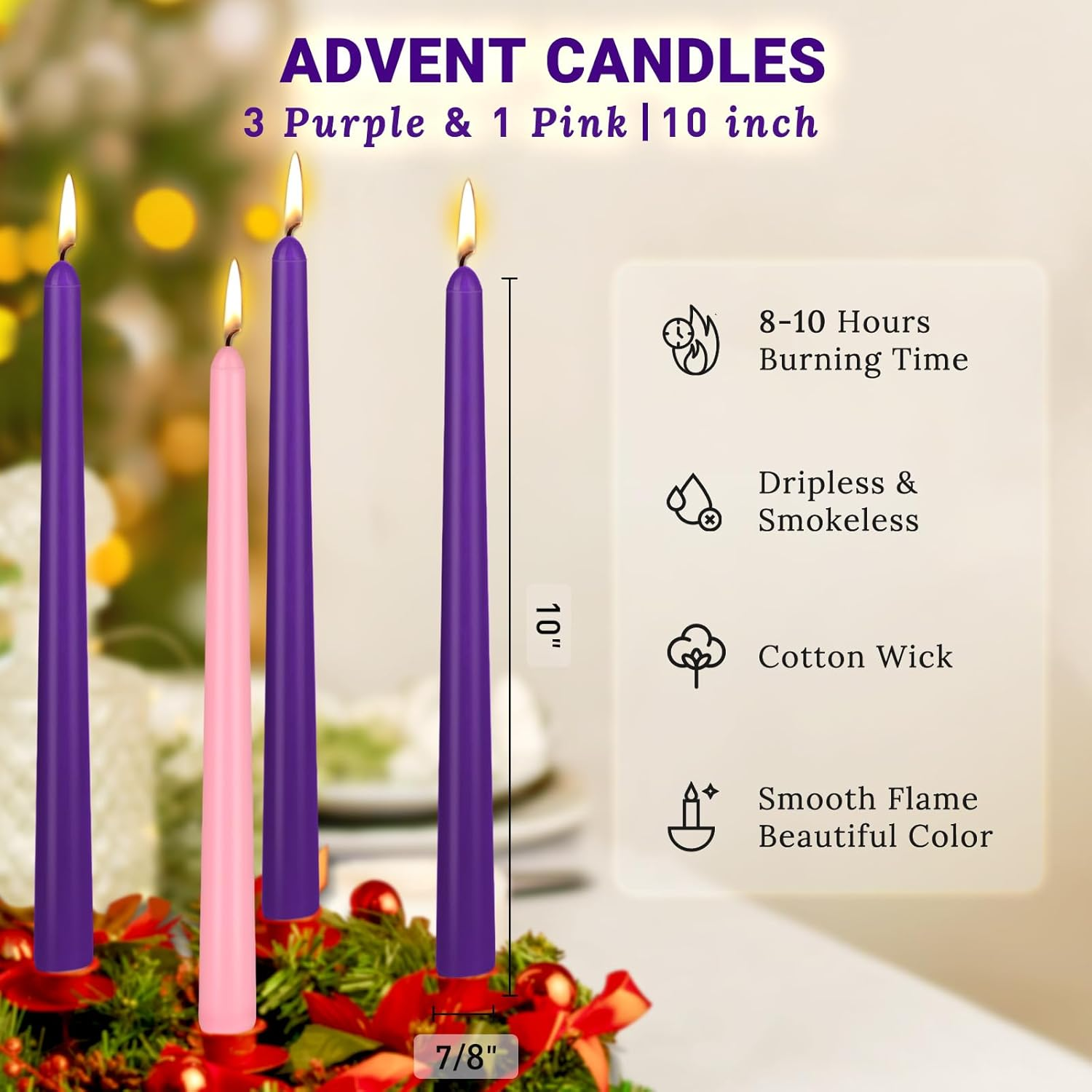 Christmas Product | 4 Pack Advent Candle Set, 3 Purple and 1 Pink Taper Candles, 10 Inch Smokless and Dripless Candlesticks Bulk for Advent Christmas Seasonal Celebration image number 5
