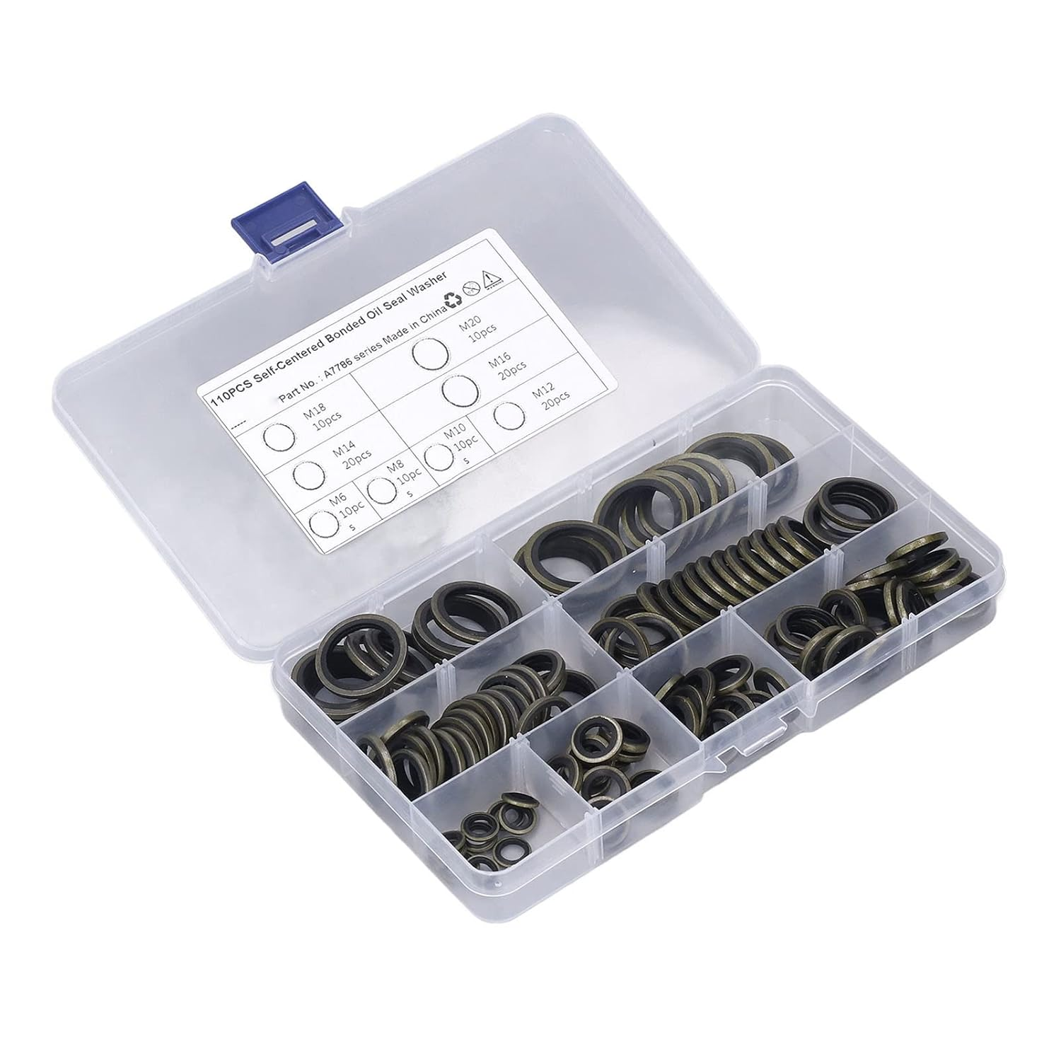 110Pcs Metal Rubber Bonded Seal Oil Washers, M6 M8 M10 M12 M14 M16 M18 M20 Rubber Gasket Assortment with Storage Box for Pipe Joint and Screw Plug image number 5