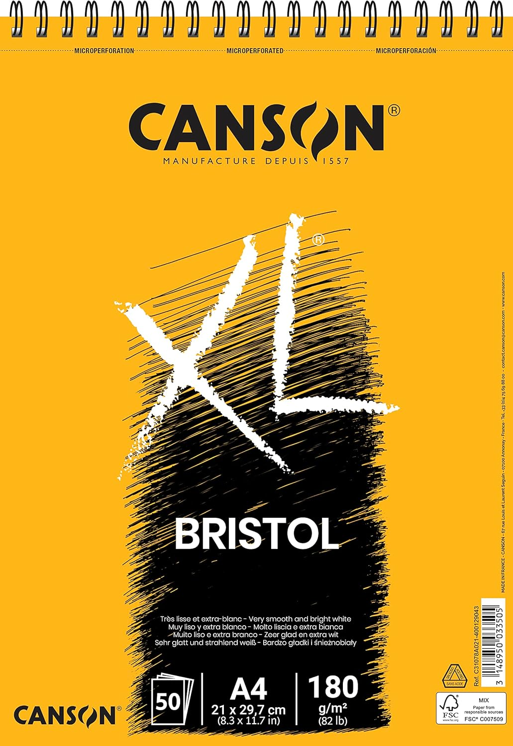 CANSON XL Bristol 180Gsm A4 Paper, Very Smooth, Spiral Pad Short Side, 50 Extra White Sheets, Ideal for Professional Artists & Illustrators image number 2