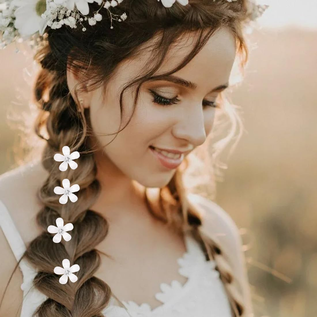 SGERUFZ 10Pcs Mini Flower Hair Clips with Rhinestones Cute Decorative Wedding Hair Clips Flower Hair Pins Flower Hair Accessories image number 5