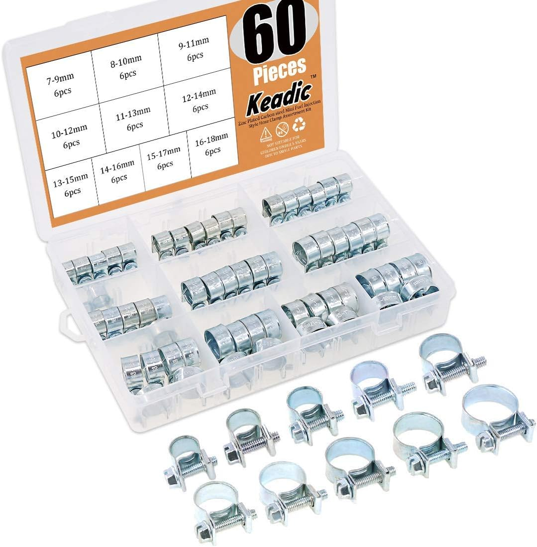 Keadic 60Pcs 10 Sizes Adjustable Zinc Plated Carbon Steel Mini Fuel Injection Style Hose Clamp Assortment Kit for Various Diesel Petrol Pipe image number 2
