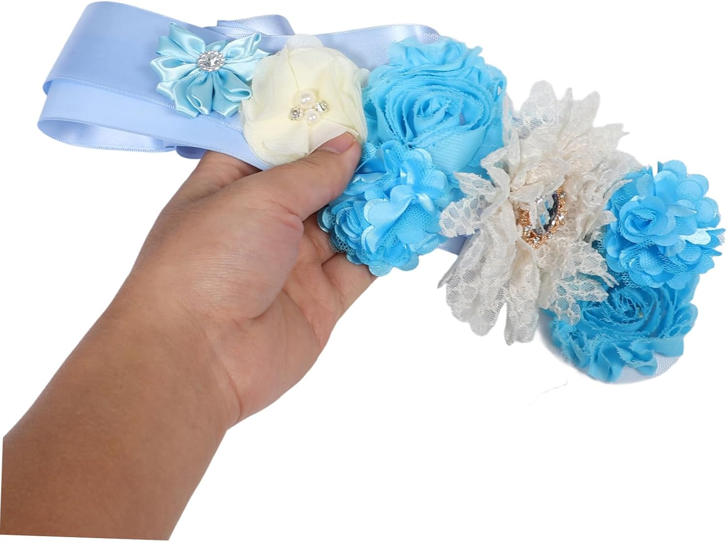 Pregnancy Sash Maternity Flower Belt Belly Band Sky Blue Adjustable Belly Band Adorned Flowers and Rhinestones for Maternity Shoot Baby Shower Photos image number 1