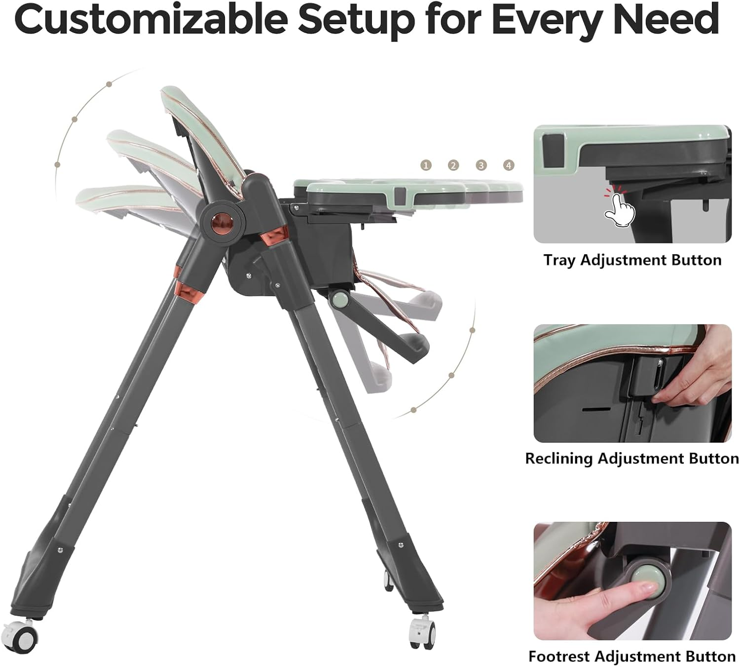 Baby High Chair | 3-In-1 Foldable Toddler High Chair with 5-Point Harness, Double Tray, and Adjustable Footrest, Green image number 1