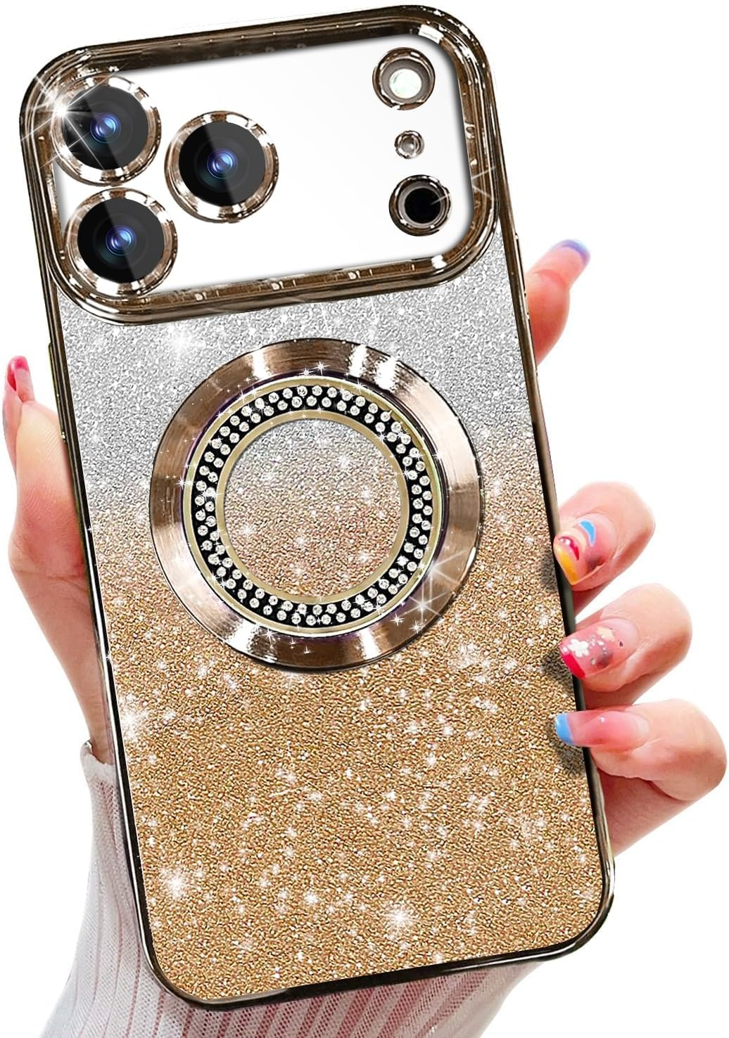 AMITOME Glitter Phone Case for Iphone 15 Pro Max 6.7 Inch,Diamond Wrapped Magnetic Suction Case,Luxury Plating Bling Shockproof Rugged Protective Cover for Women Girl Men - Gold