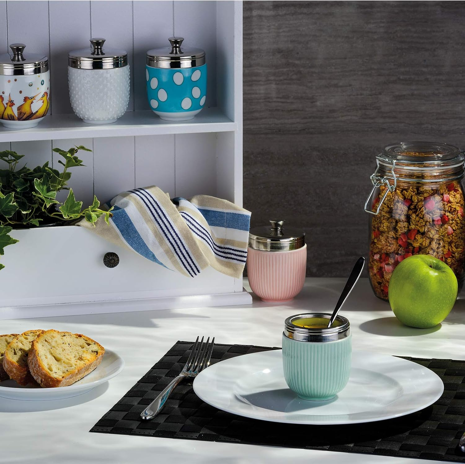 BIA International - Porcelain Egg Coddler - Set of 2 Multi-Coloured Porcelain Egg Poachers with Raining Eggs Design by Artist Clare Mackie, Kitchen Egg Boiler and Multi Cooker, Gift Boxed Packaged image number 5