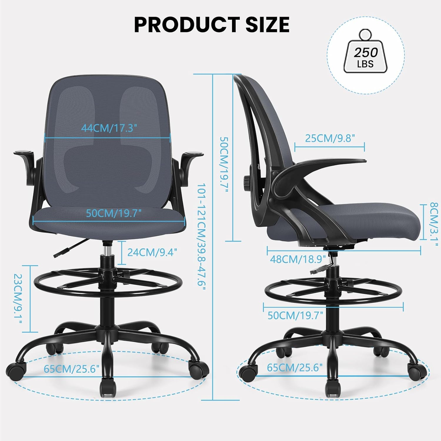 Razzor Drafting Chair Tall Ergonomic Office Chair Standing Desk Stool Chair with Adjustable Lumbar Support and Footrest Ring Executive Computer Chair, Rz2203-Z-Dark Gray image number 6