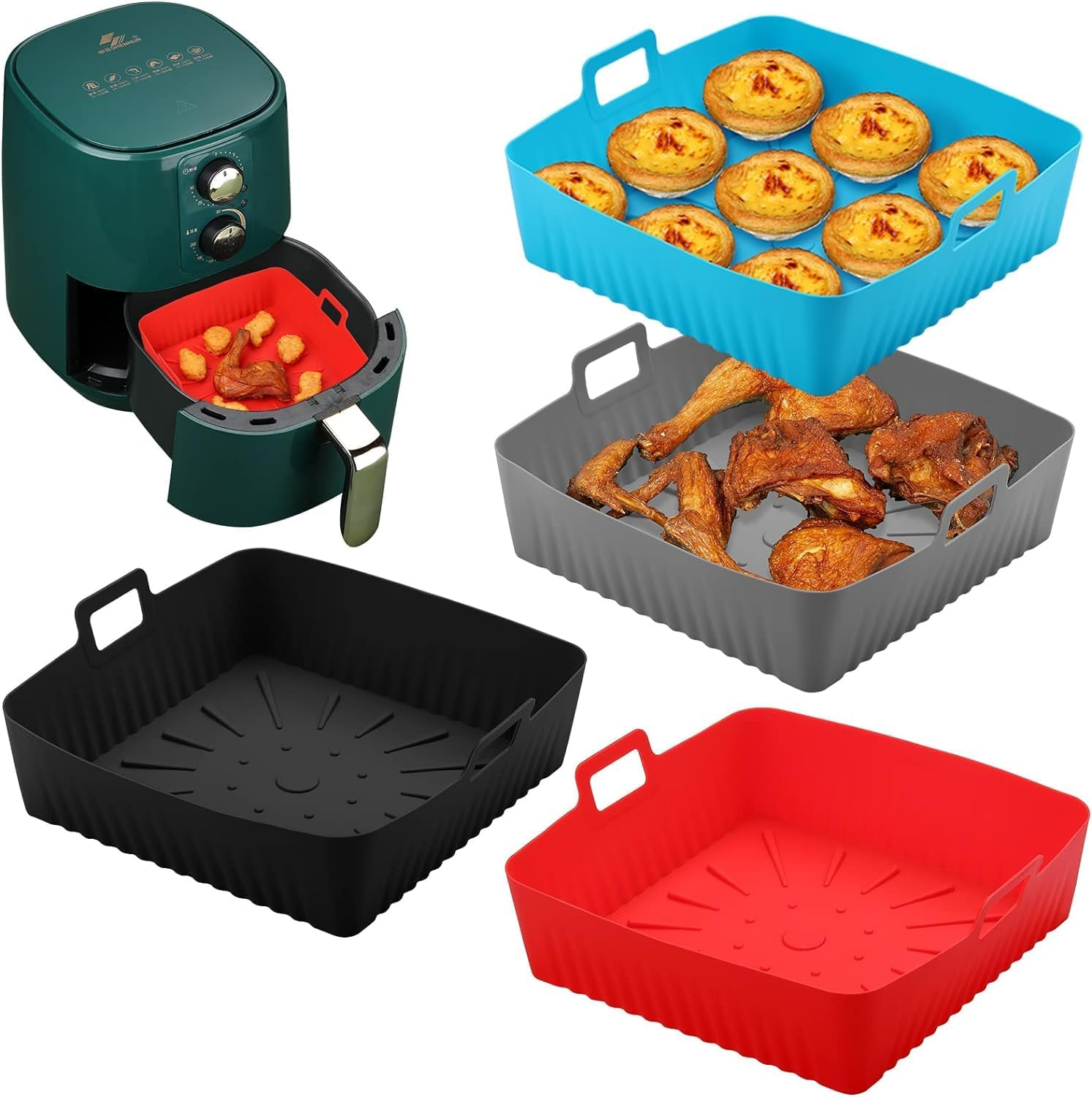 2 PCS Square Silicone Air Fryer Liners - 9 Inch Reusable Air Fryer Pot - Air Fryer Accessories - Air Fryer Inserts for 6 to 9 QT Oven Microwave Accessories image number 5