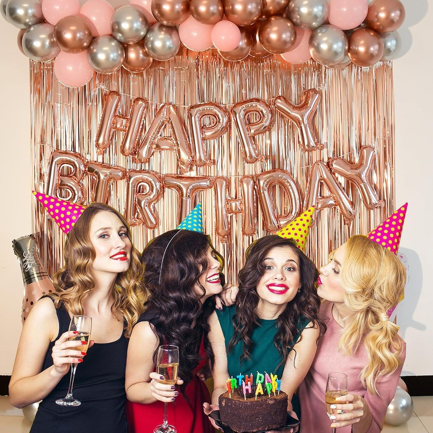 Rose Gold Birthday Decorations for Women, Girls Princess Happy Birthday Party Banner Pink Gold Bachelor Party Balloon with Fringe Curtain, Hearts, Wine Glasses, Crown , Love Aluminum Balloon image number 3