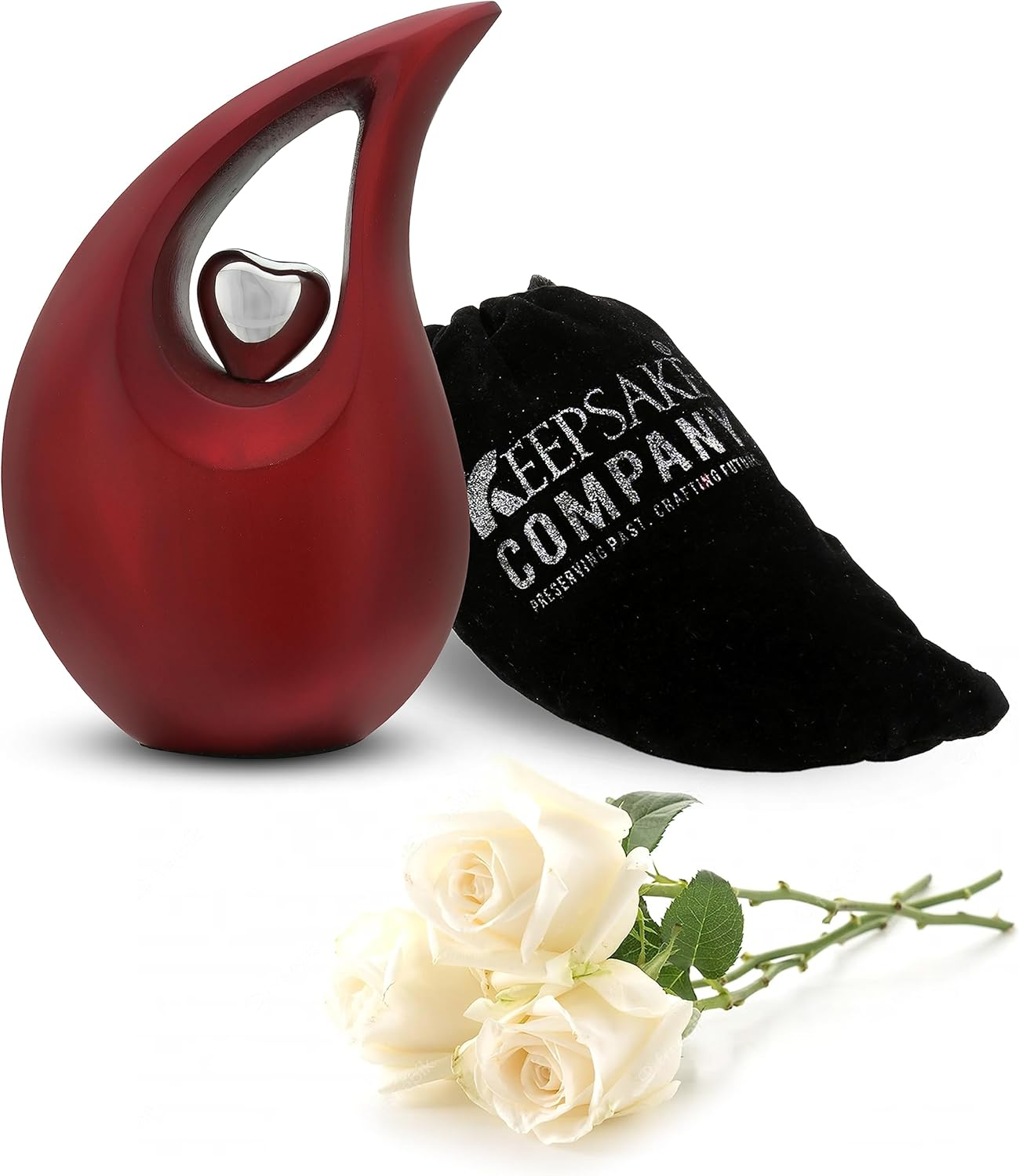 KEEPSAKE COMPANY White Tear Drop Medium Urns for Human Ashes with Silver Heart (6 Inch Height)-Unique Medium Urn-Decorative Urns-Cremation Urn-Burial Urns-Keepsake Urn-Funeral Urn-Funeral Urns