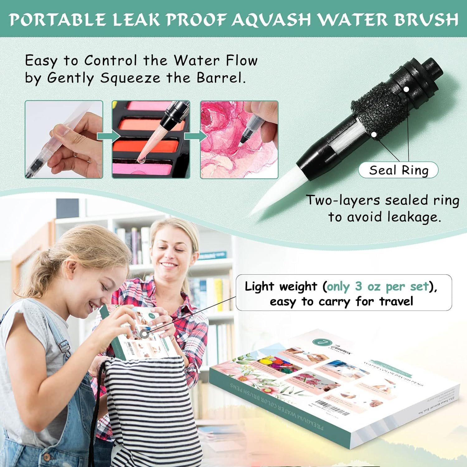 Premium Watercolor Brush Pens Set - 12Pcs Leakproof Water Brush Pen with Assorted Tips, Refillable Paint Pens for Arts, Value Set image number 3