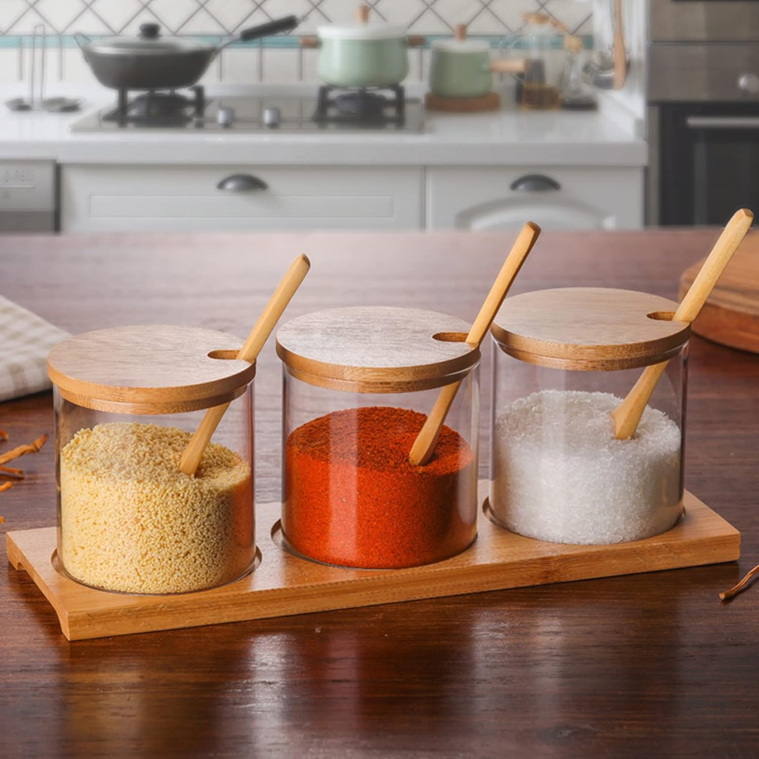 Incifuerza 3 Pack Rustic Condiment Jars with Rack, Glass Seasoning Box with Bamboo Lid, Seasoning Canister Set with Wooden Spoon and Bamboo Base