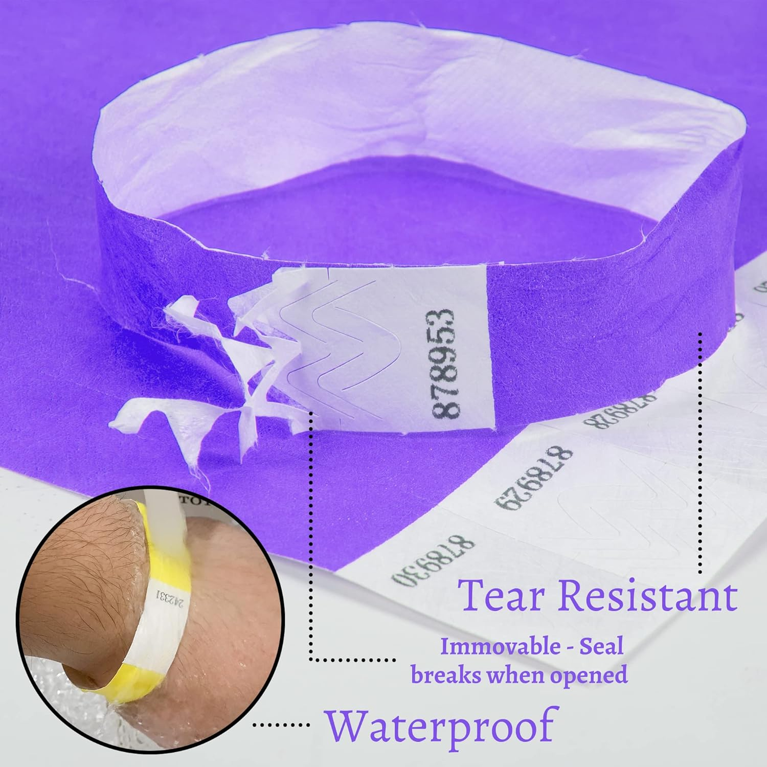 L Liked 100 Pcs Paper Wristbands for Events, Party Wristbands for Events, Event Bracelets Is Waterproof for Parties, Concerts, Sports, Fairs, Travel, Pool Pass (Purple) image number 1