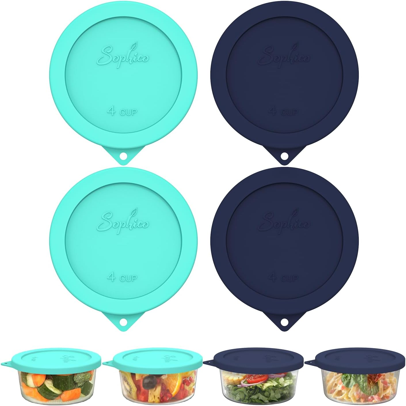 Sophico 4 Cup round Silicone Storage Cover Lids Replacement for Anchor Hocking and Pyrex 7201-PC Glass Bowls (Container Not Included) (Navy Blue-Mint) 4 Pack image number 1