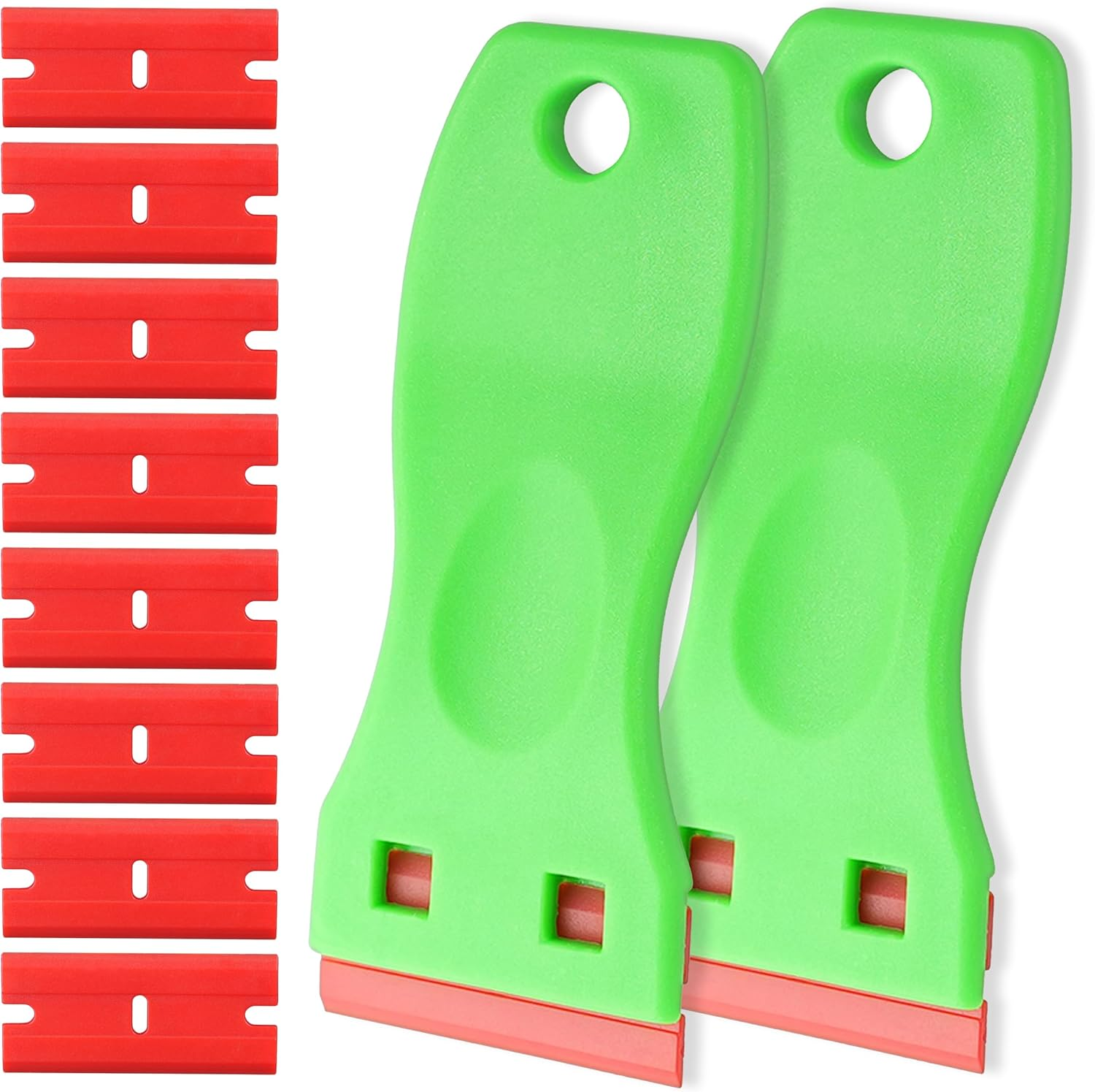 2-Pack Plastic Razor Scraper Tool with 8 Double-Edged Blades - Scratch-Free Sticker Remover for Car Windscreen, Glass, Kitchen, Rego Labels - Safe Adhesive Decal & Glue Removal Gadget