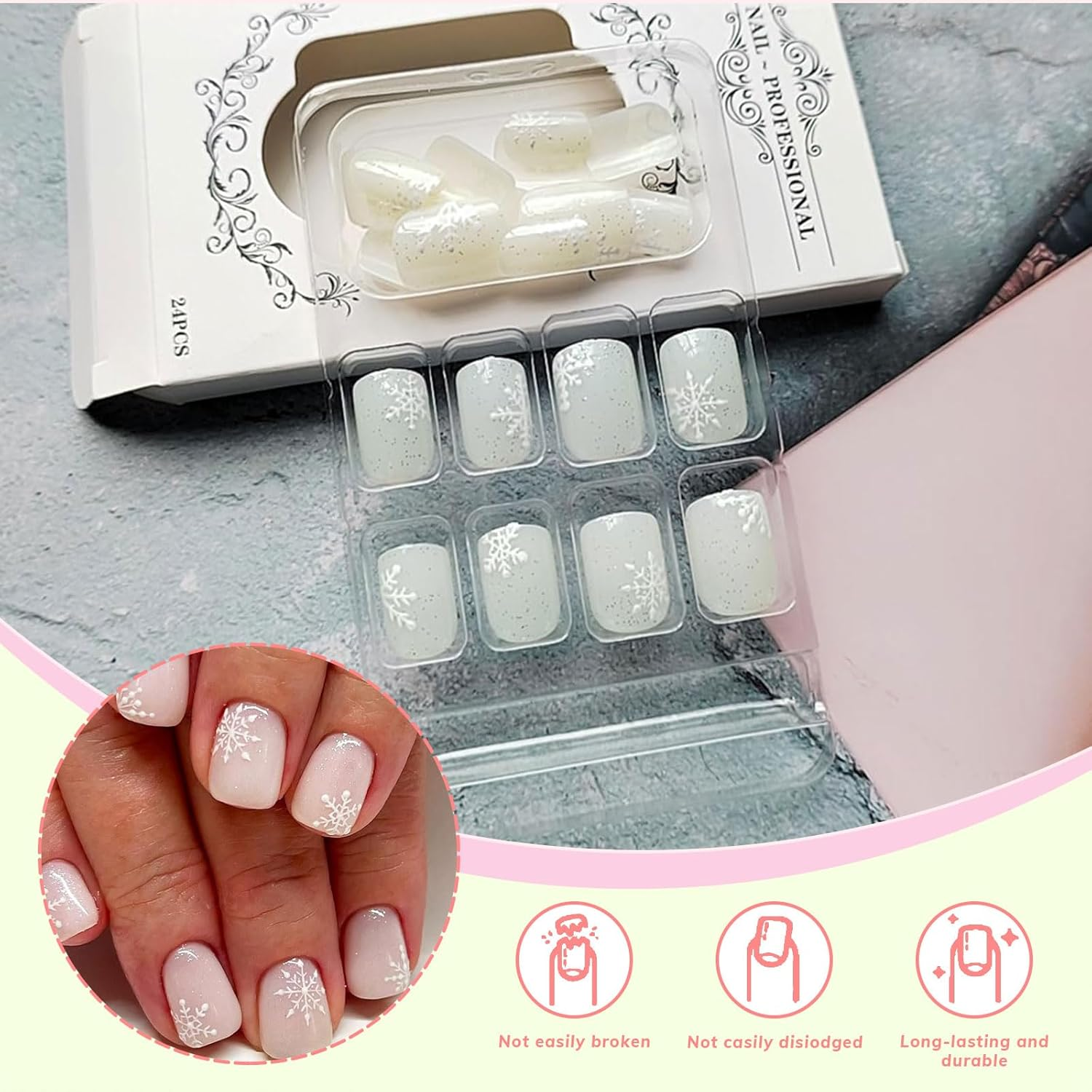 Celblisora 24 Pieces Winter Stick on False Nails Short Square Nails Snowflake Christmas White Glitter False Nails for Women image number 3