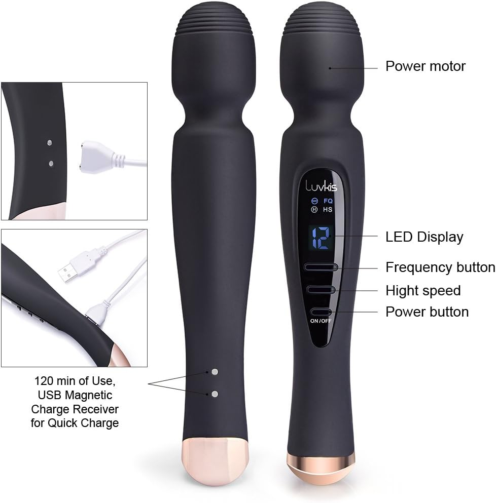 Cordless Wand Massager with 12 Speed Vibration Modes, USB Magnetic Charger, Whisper Quiet, Waterproof, Handheld, Cordless for Neck Shoulder Back Body Massage, Sports Recovery & Muscle Aches - Black image number 5