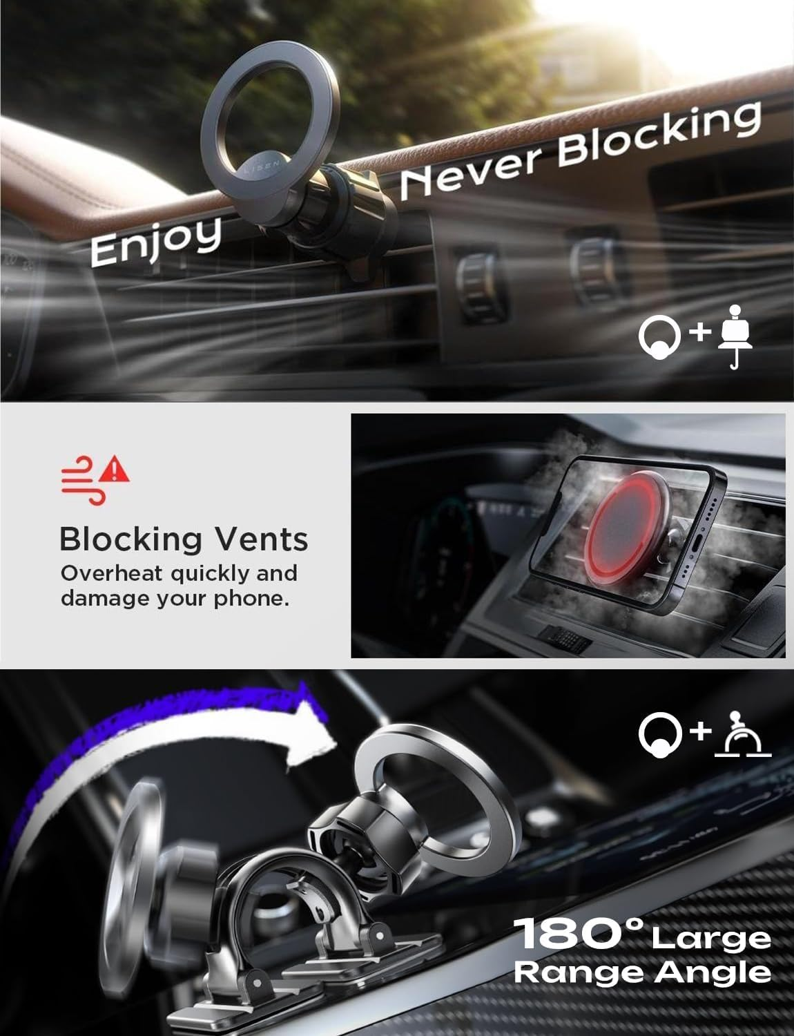 LISEN for Magsafe Car Mount [24 Strong Magnets] Magnetic Phone Holder Car Magsafe Phone Holder Mount [360&deg;Rotation Car Phone Mount] Car Accessories for Iphone 17 Pro Max 16 15, Pixel 10 Pro XL image number 4