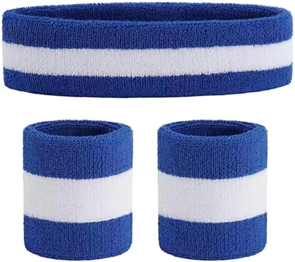 Unisex Headband and Wristbands - Thick Cotton Terry Cloth, Sweat Absorbing Bands, Sports Protective Gear, Yoga Headbands, Striped Headband and Wristband Set (Includes 2 Headbands and 4 Wristbands). image number 3
