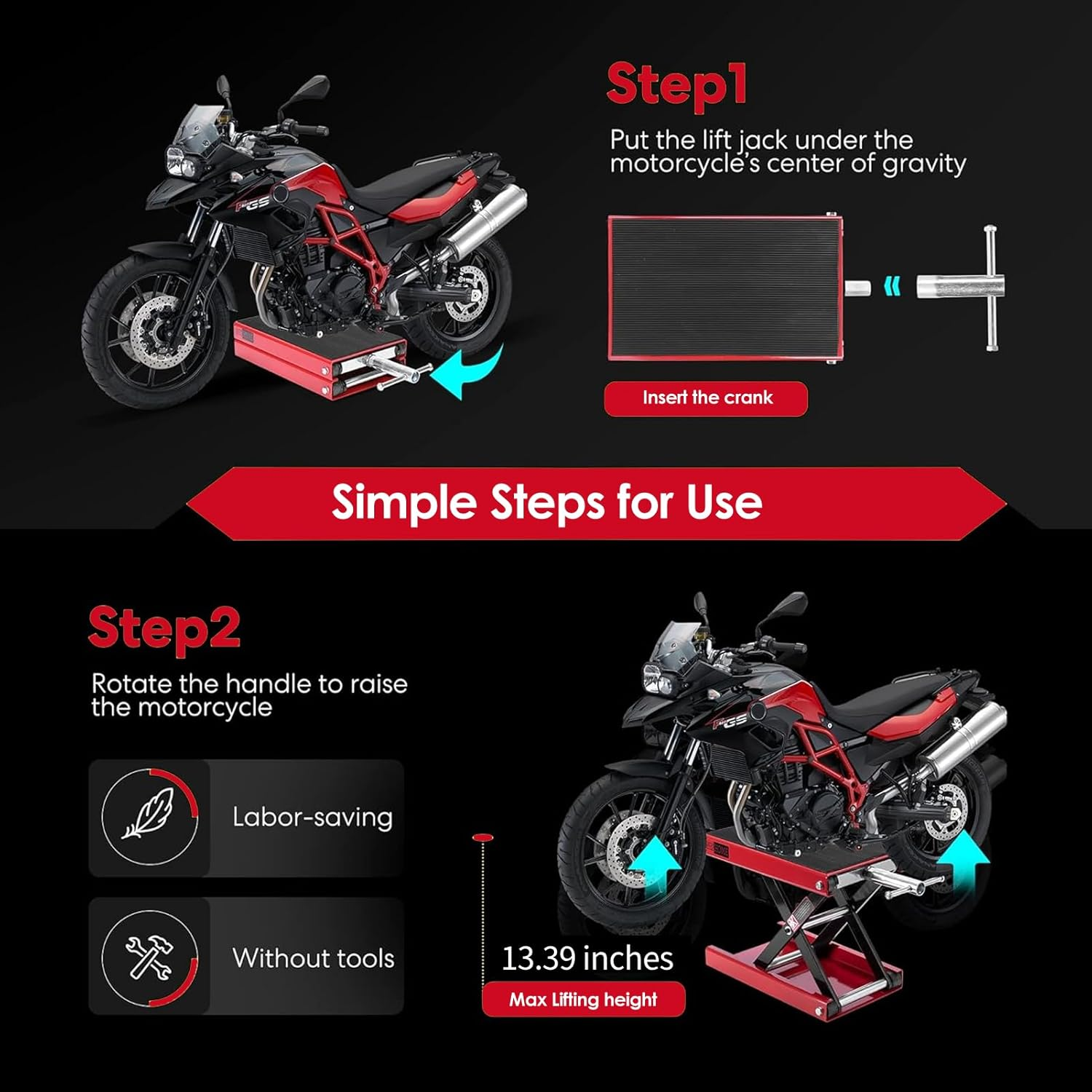 Diyeeni 1102 LBS Motorcycle Lift, Motorcycle Lift Scissor Jack, 3.35In-13.39In Adjustable Height Range, Metal Motor Center Stand for ATV, Cruiser Bikes, Street Bikes image number 1