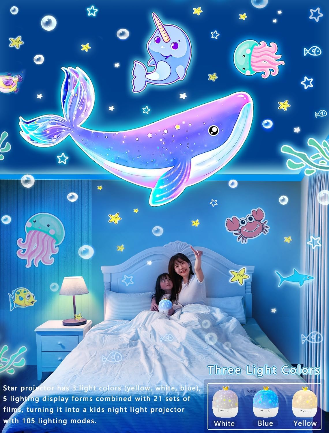 Projector Night Light for Kids + 21 Sets of Films, Kids Night Light Projector for Bedroom, Ceiling, Galaxy Projector for Girls with 360&deg; Rotation, Dimmable for Birthday, Christmas, Nursery, Room Decor image number 6