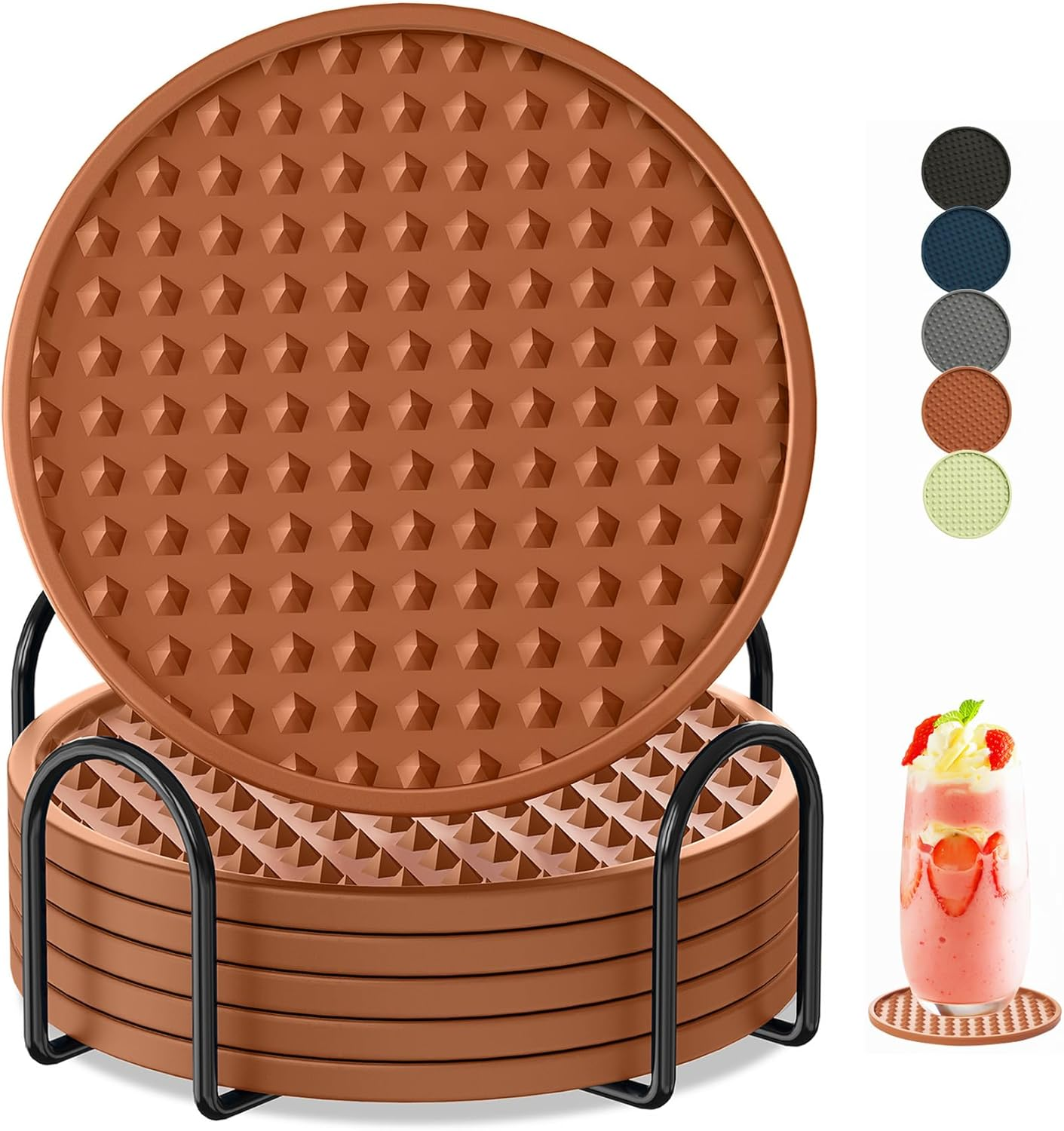 6 Pack Rubber Drink Coasters,Coasters for Drink with Holder,Silicone Cup Mat Non-Stick,Non-Slip,Thickened Live for Hot or Cold Drink-Pure Gray