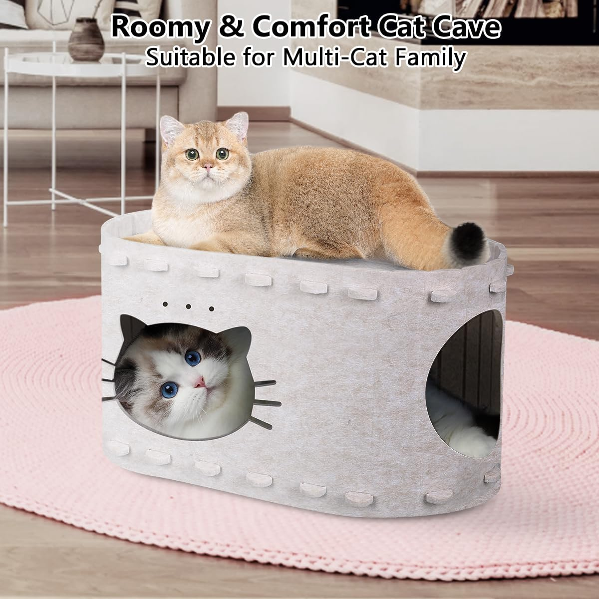 Foldable Cat House, Cat Bed for Indoor Cats, Soft Cat Cave Bed with Cat Scratching Board, Covered Cat Hideaway with Cat Pattern, Stable Cat Cave for Cat and Little Dog image number 6