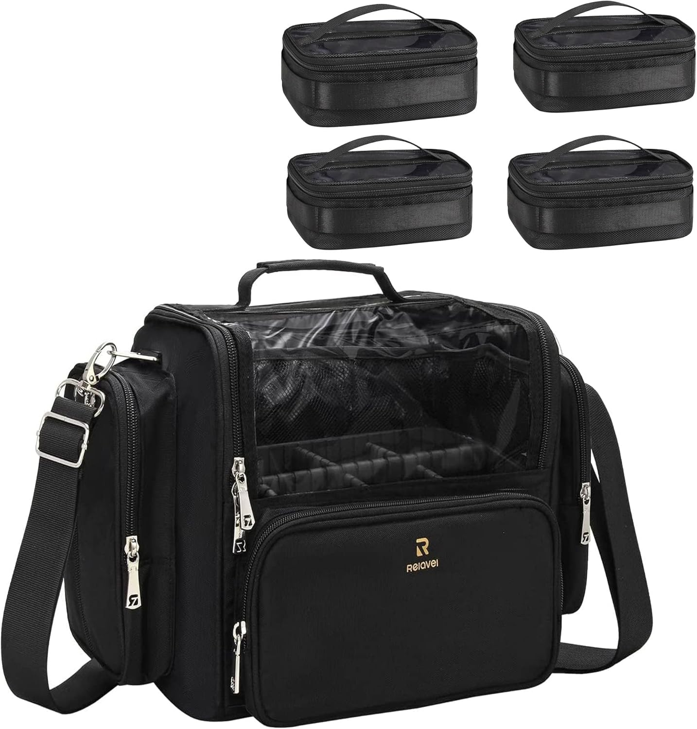 Large Makeup Organizer and Storage, Clear Travel Makeup Bag, Black Makeup Brush Holder Makeup Artist Essentials, Cosmetic Make up Bags for Women with Adjustable Dividers and Strap, Black, Makeup Brush Case