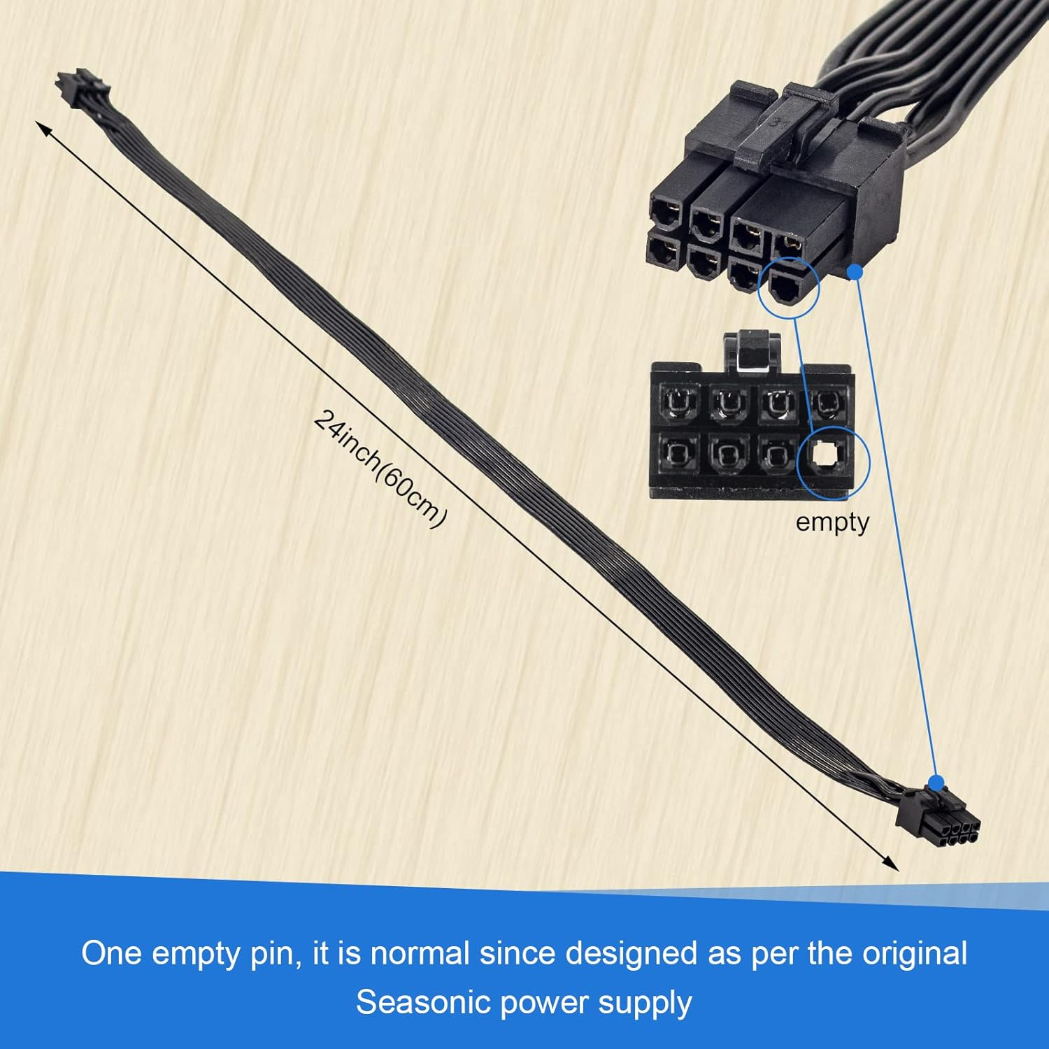 Yiejoya PCIE Cable for Seasonic, PSU 8 Pin Male to Pcie 8 Pin (6+2) Male for Seasonic Modular Power Supply (60Cm)