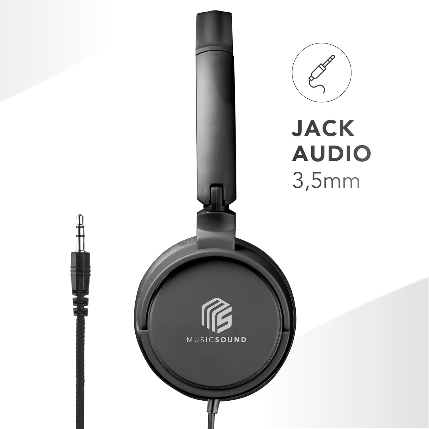 Music Sound over Ear Headphones | on Ear Headphones Foldable Headband with 1.2 M Anti-Tangle Cable and Built-In Microphone - 3.5 Mm Jack Connector - Black image number 4