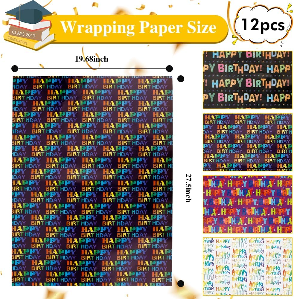 Amazonbasics Birthday Wrapping Paper 12 Sheets 20 X 27 Inches Multicolor Foil Funny Gift Wrapping Paper