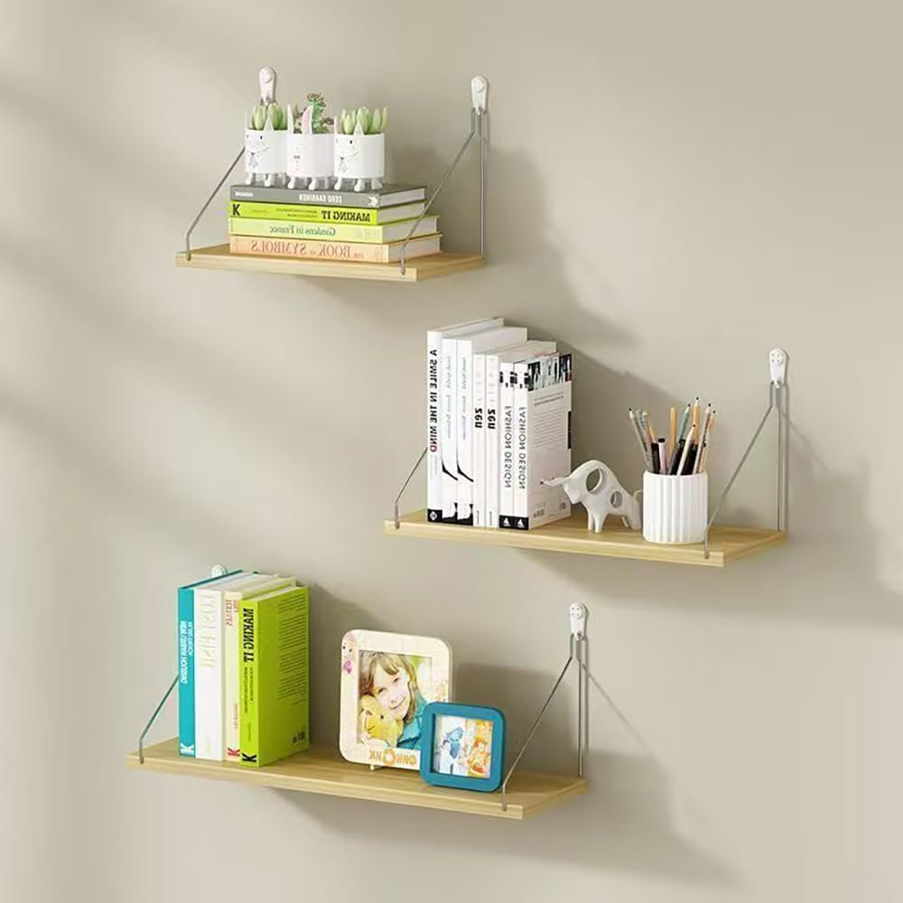 Hbluefat Floating Shelves, Hanging Shelves Wall Mounted Floating Book Shelf Set of 3, Floating Wood Storage Shelf for Bedroom, Living Room, Bathroom (Wood)