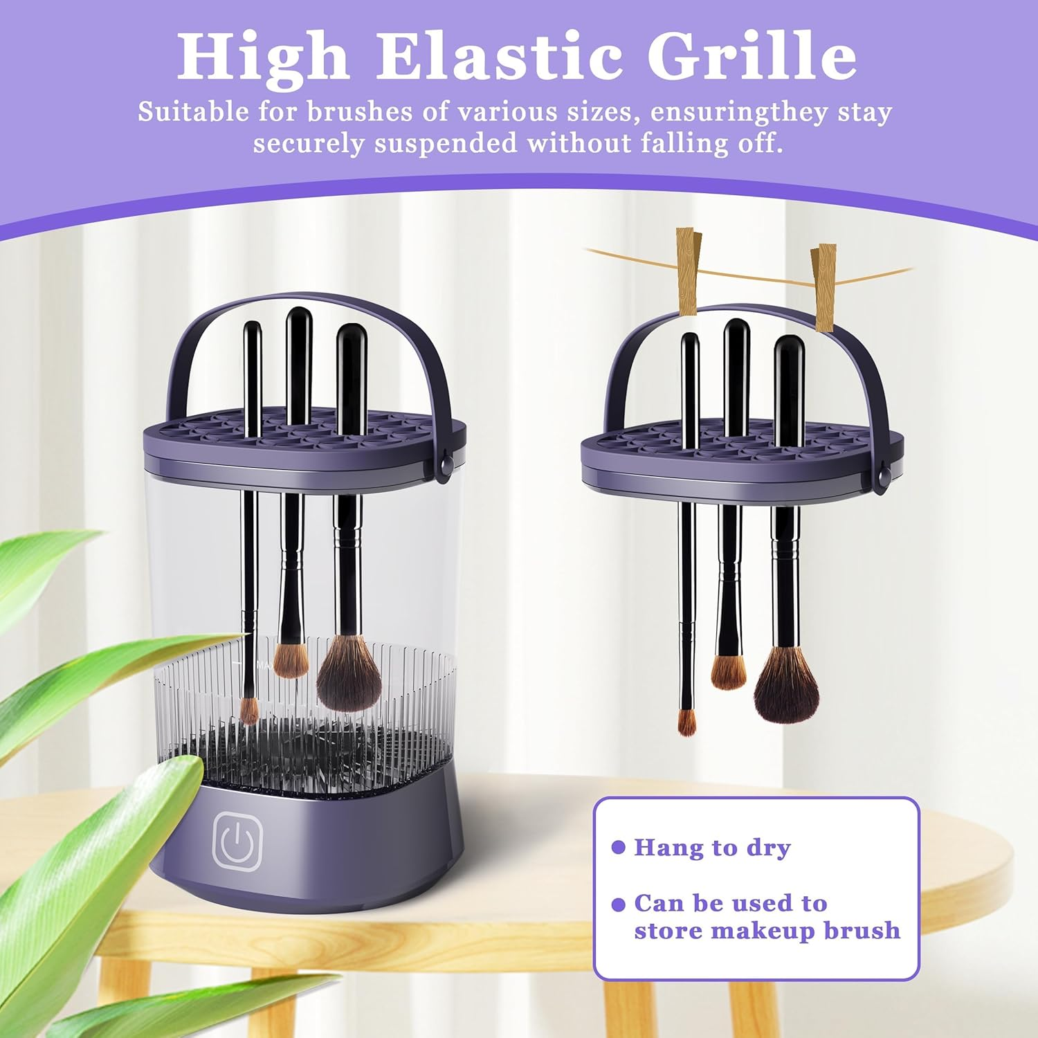 Electric Makeup Brush Cleaner Machine, Automatic Spinning Make up Brush Cleaner with 1200 Mah Rechargeable Battery, Portable Cosmetic Brush Cleaner Dryer Tool for All Size Makeup Brush (Purple) image number 6