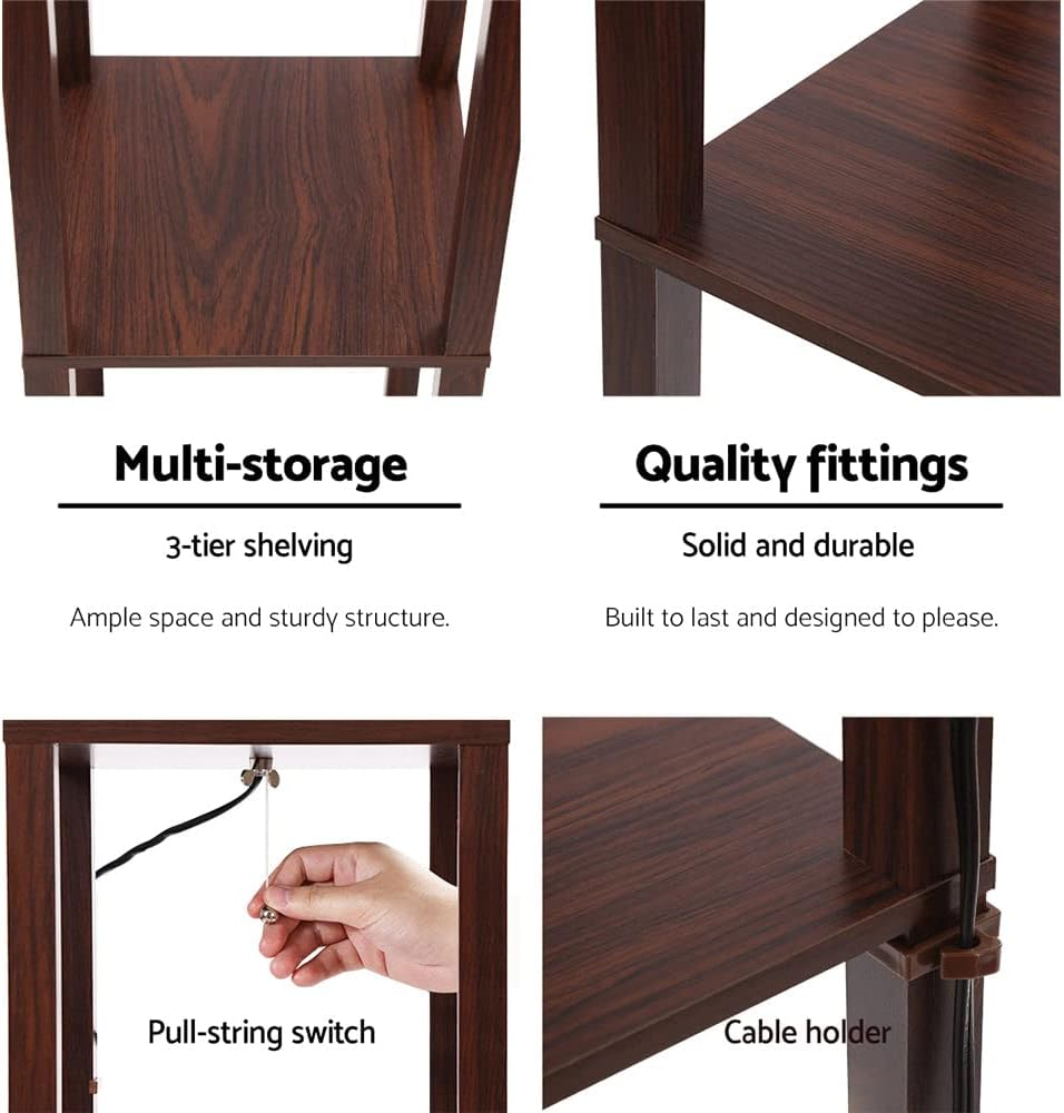 Artiss Floor Lamp, Vintage Wood Led Light Lamps Bookshelf Corner Shelf Standing Lights Display Stand Storage Organiser Home Decor for Living Room Bedroom, 3 Tier Shelves Pull-String Switch Brown image number 3