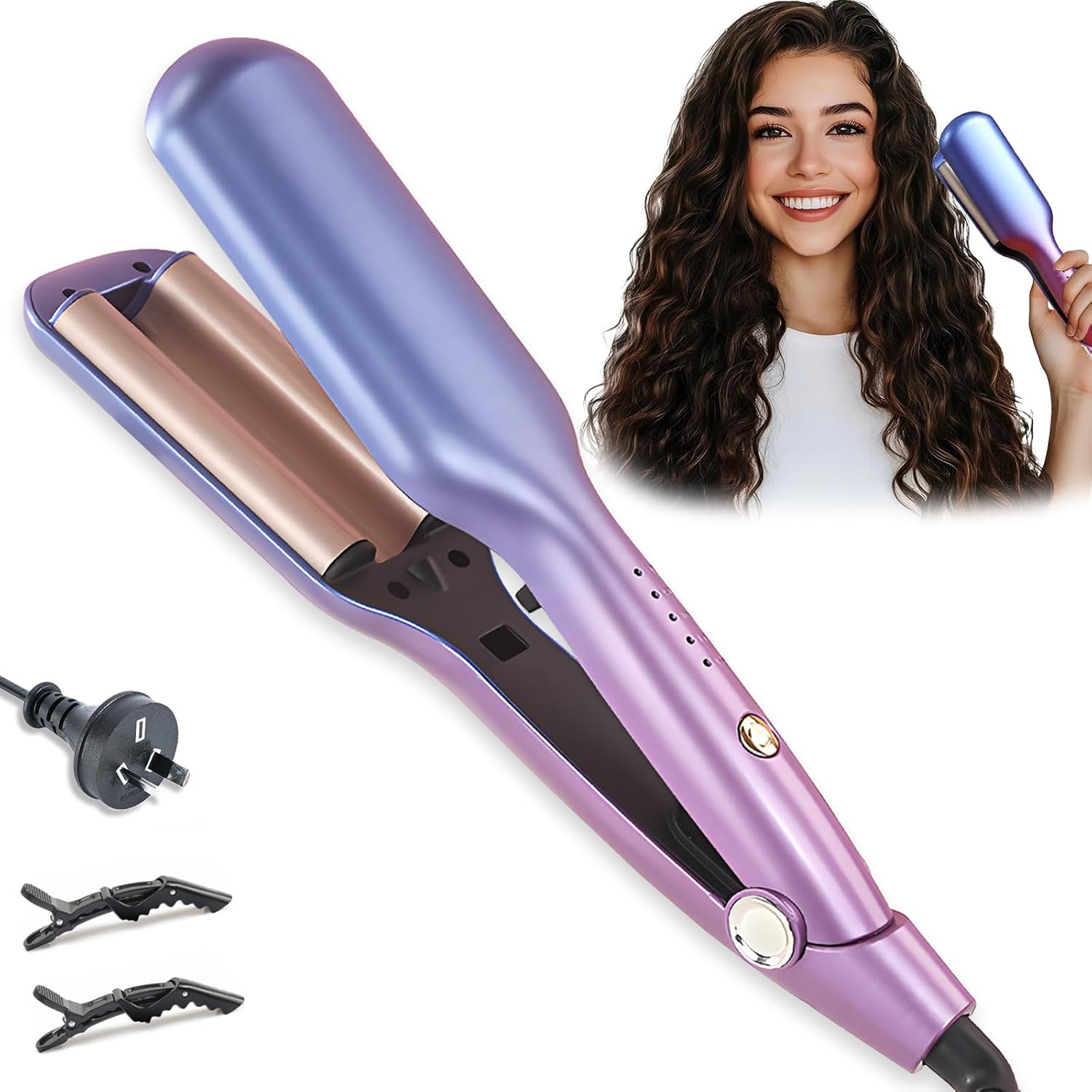 Curling Iron Hair Crimper Waver - Beach Waves Curling Wand, Ionic Deep Waver Hair Curler Tool with Ceramic 3 Barrel for Women,Ceramic Coated Barrel，Salon-Quality Waves & Curls (Compatible with All Hair Types) Dual Voltage, Anti-Scald image number 2