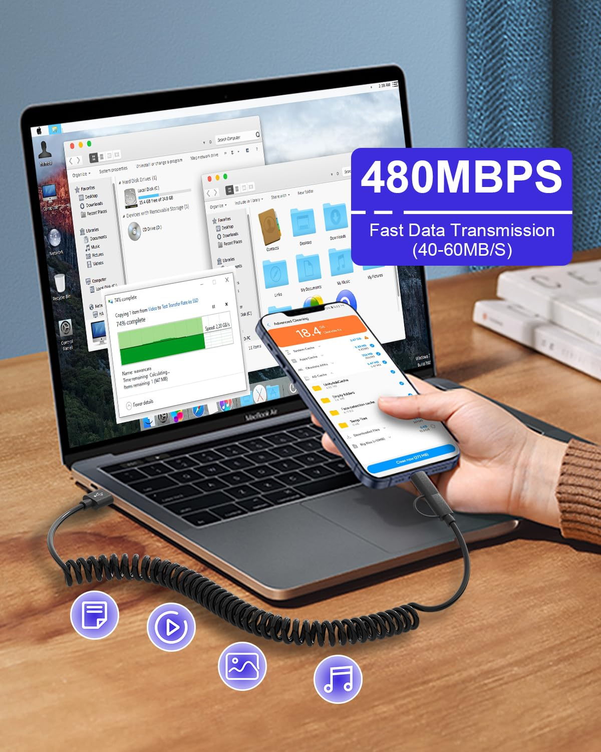 USB to USB C and Lightning Cable - Support Apple Carplay & Android Auto Cable [Mfi Certified] 3A Fast Charge & Data Sync Coiled Dual Lightning and USB C Cable 2 in 1 for Iphone 16/15/14/13/12/Android image number 4